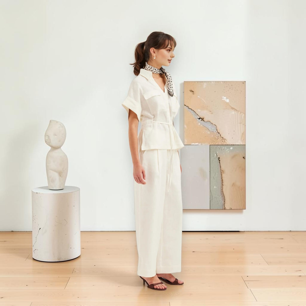 Cuffed Sleeve Linen Shirt, Tie Waist Flap-Pocket