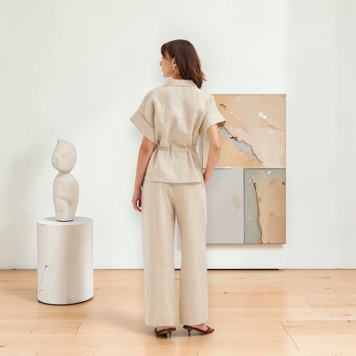 Cuffed Sleeve Linen Shirt, Tie Waist Flap-Pocket