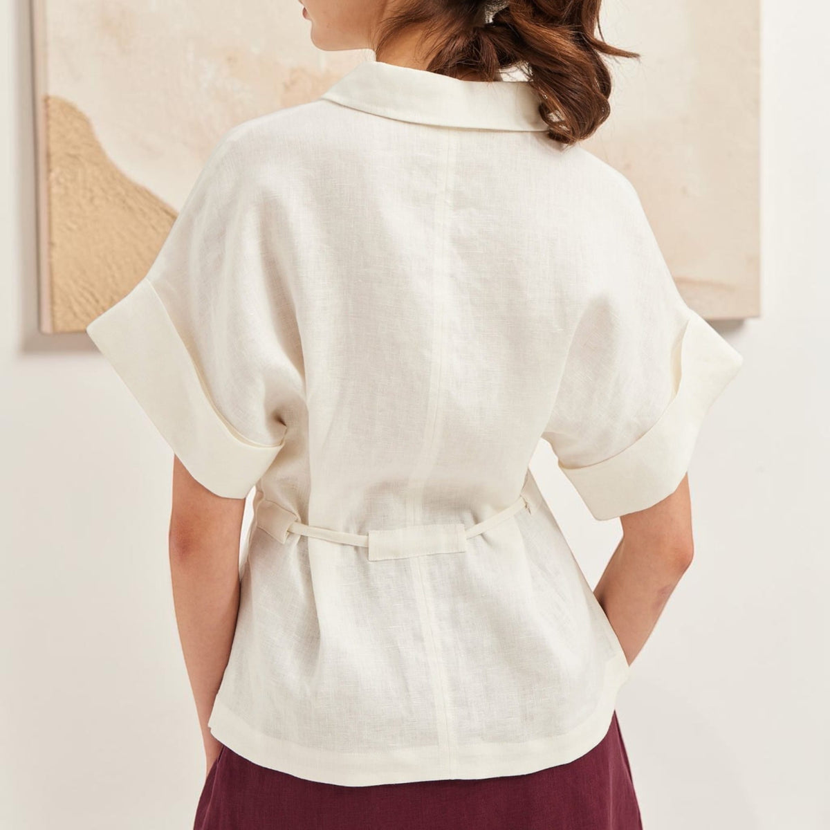 Cuffed Sleeve Linen Shirt, Tie Waist Flap-Pocket