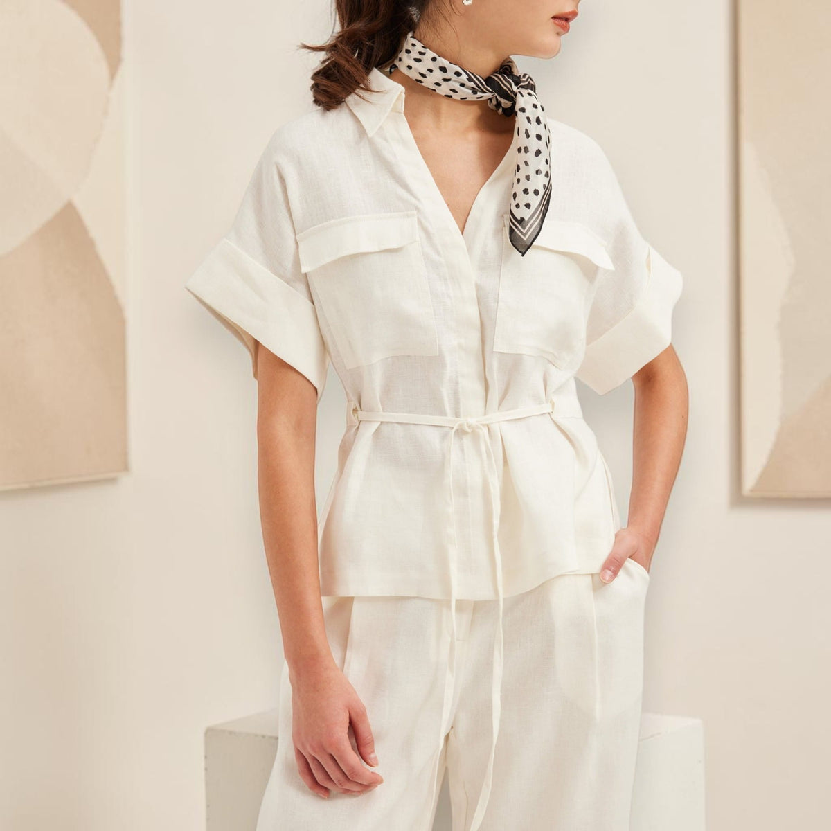 Cuffed Sleeve Linen Shirt, Tie Waist Flap-Pocket