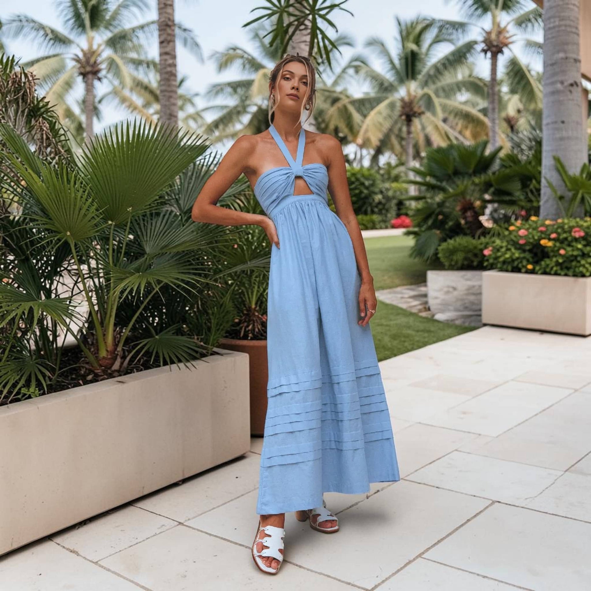 Cutout Halter Linen Maxi Dress, Ruched Bust