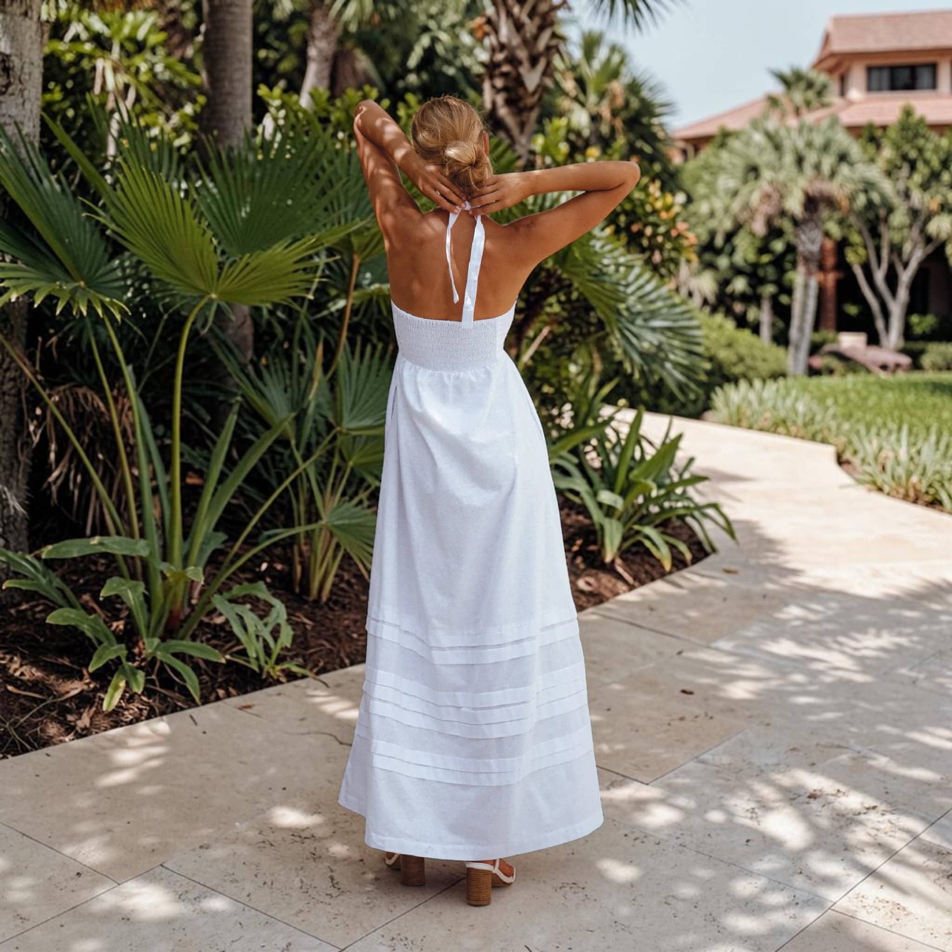 Cutout Halter Linen Maxi Dress, Ruched Bust