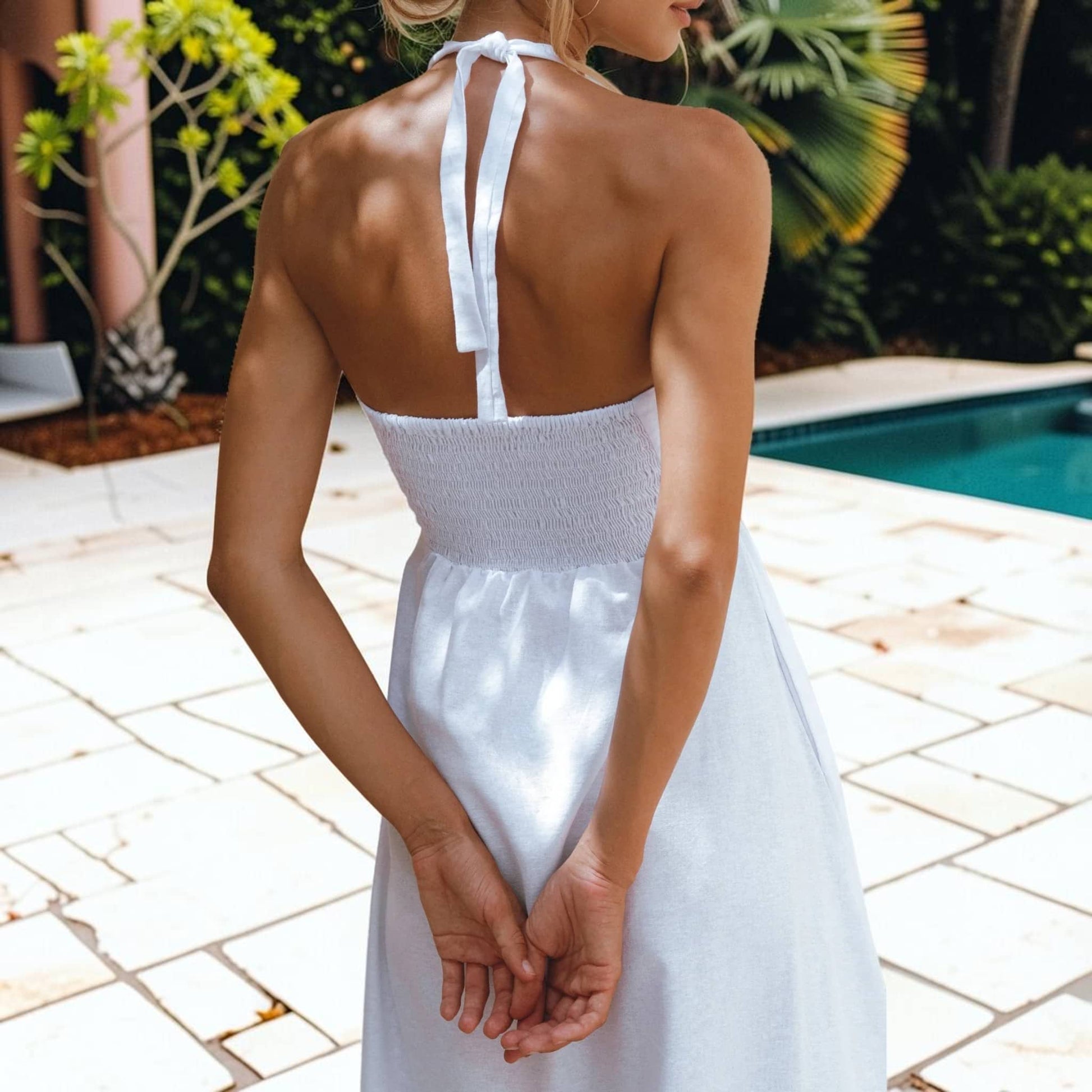 Cutout Halter Linen Maxi Dress, Ruched Bust