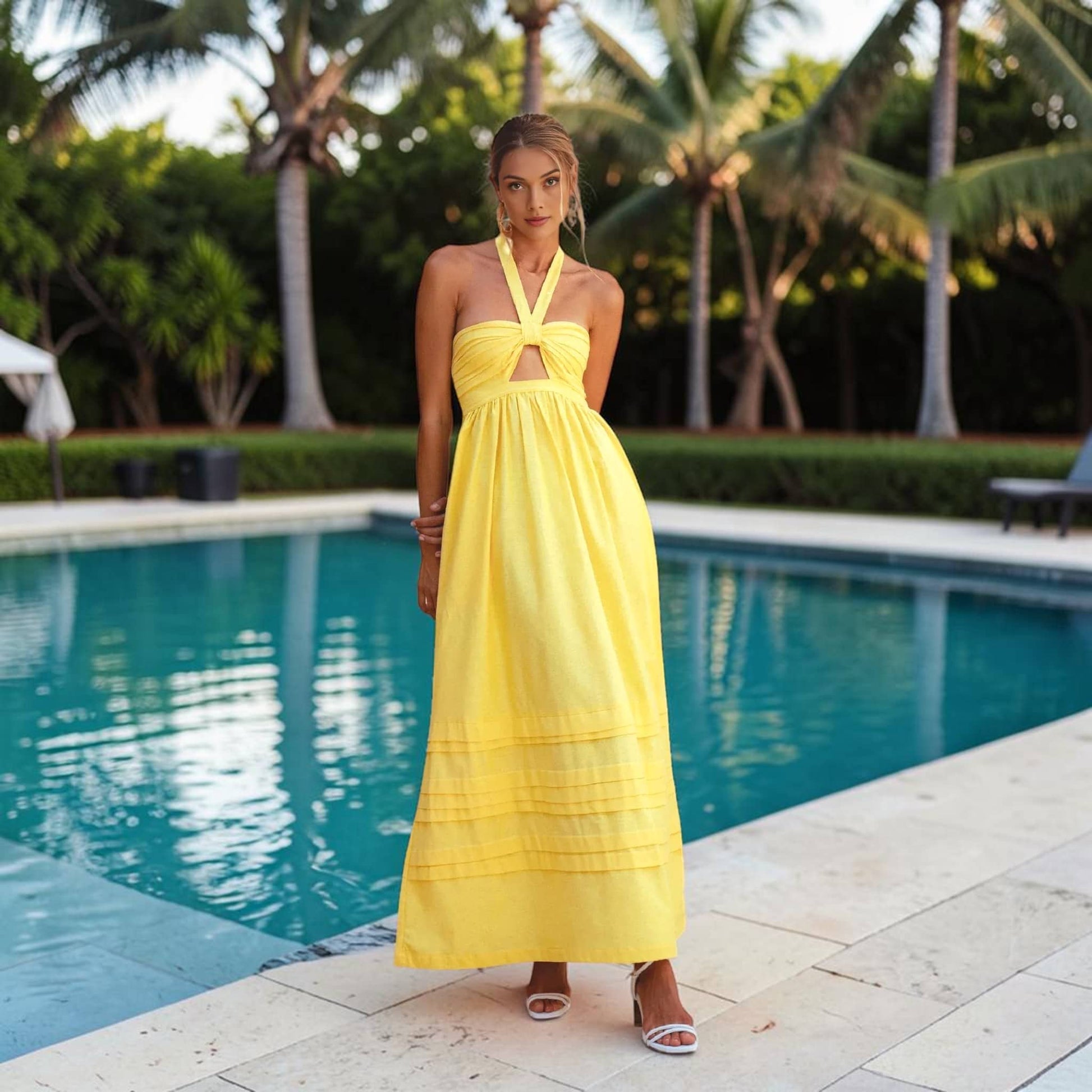 Cutout Halter Linen Maxi Dress, Ruched Bust