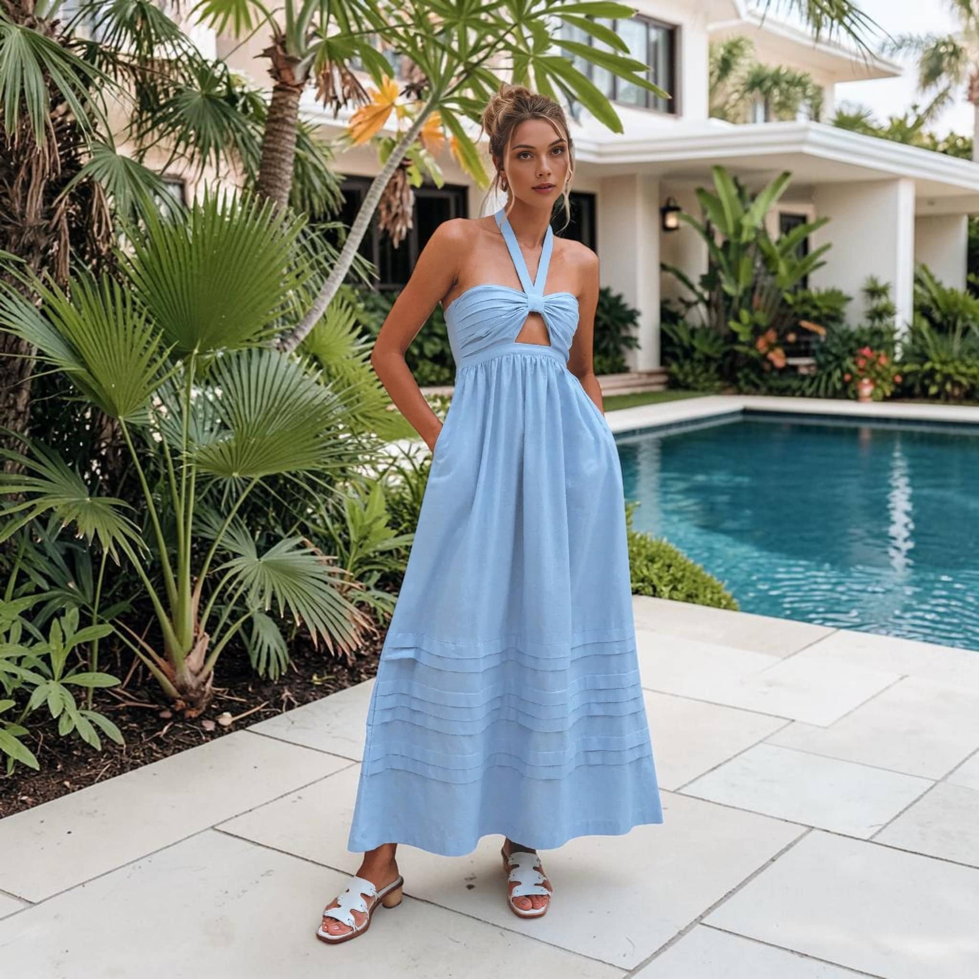 Cutout Halter Linen Maxi Dress, Ruched Bust