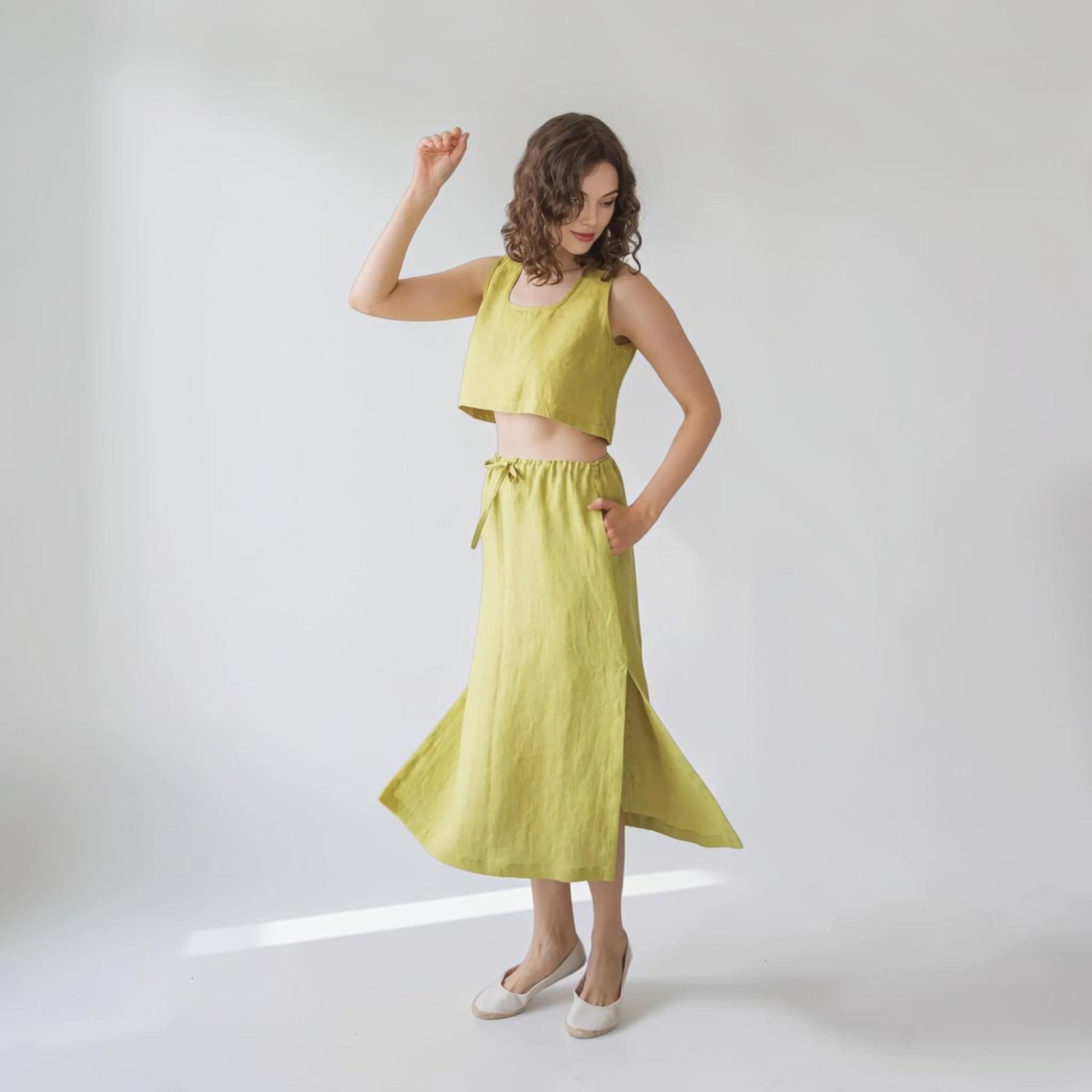 Drawstring Linen Midi Skirt, Side Slit