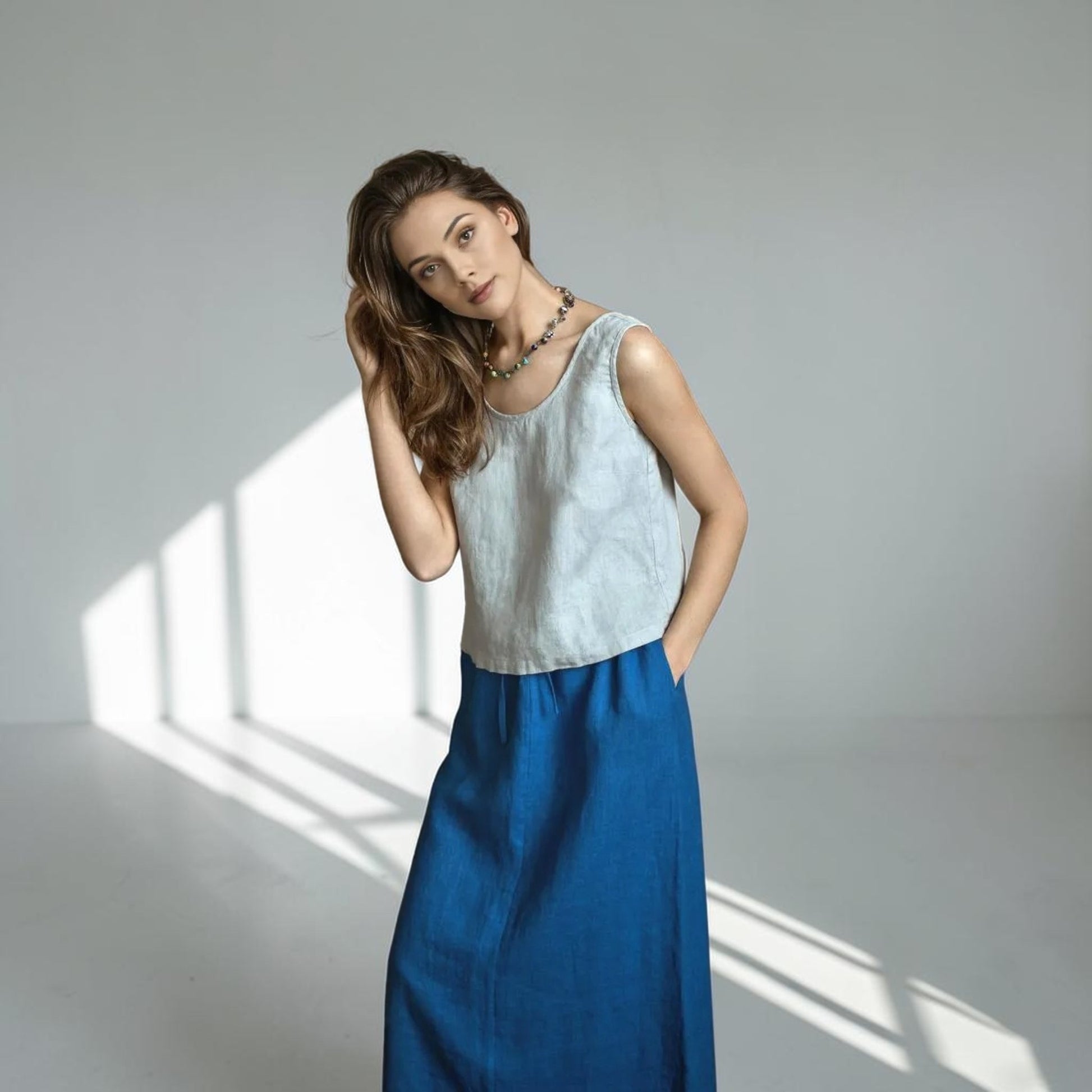 Drawstring Linen Midi Skirt, Side Slit