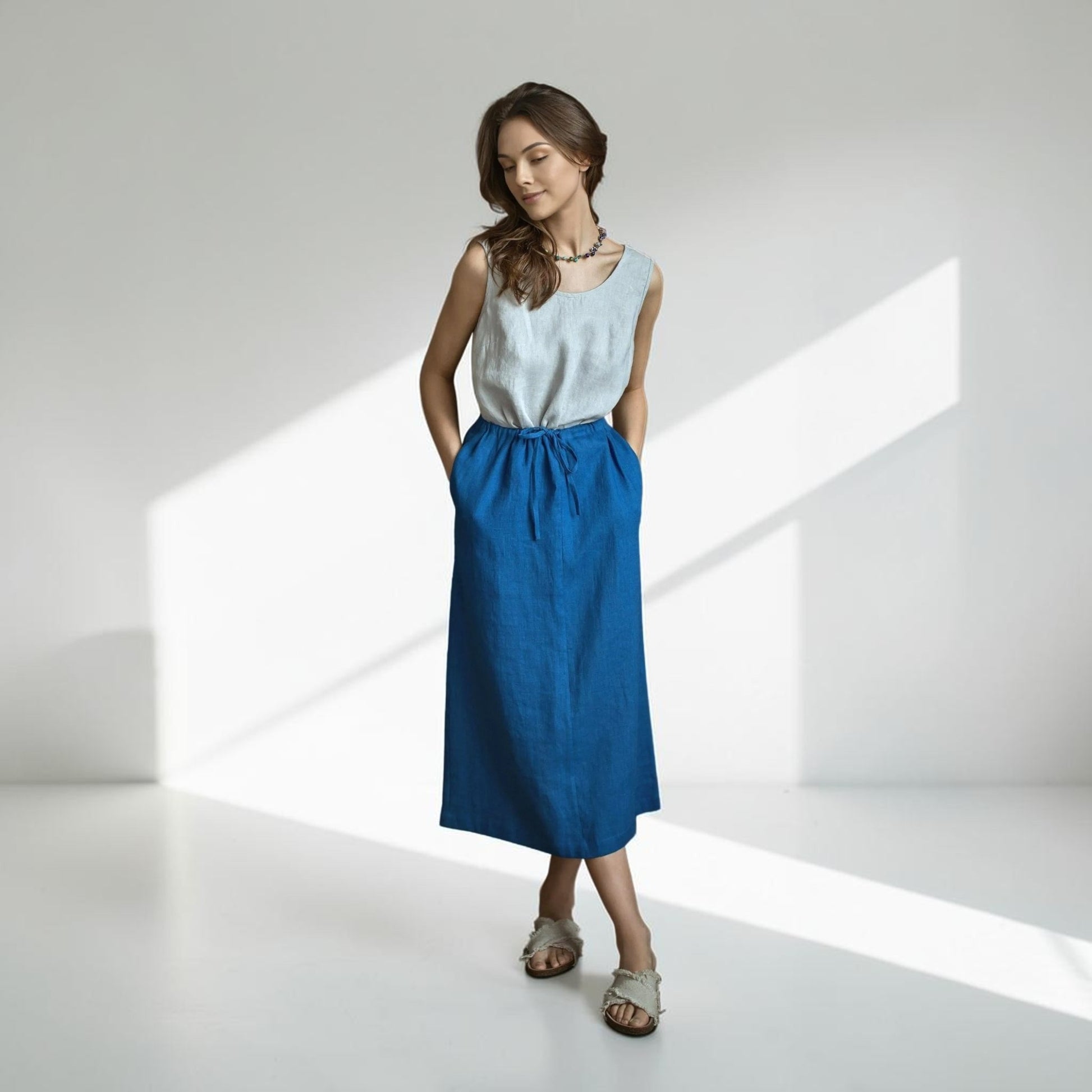 Drawstring Linen Midi Skirt, Side Slit
