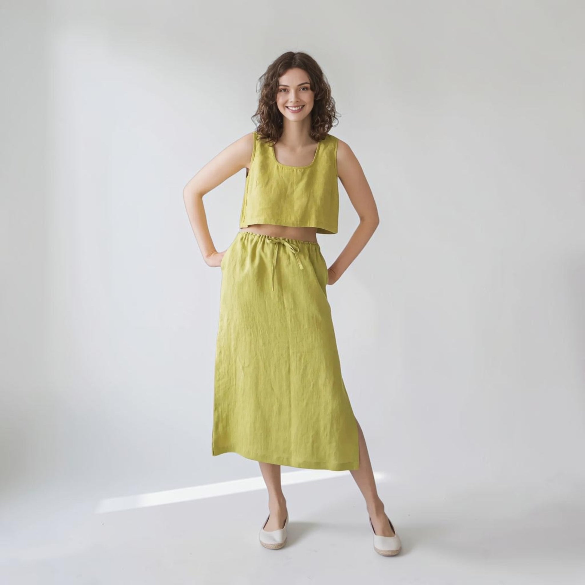 Drawstring Linen Midi Skirt, Side Slit