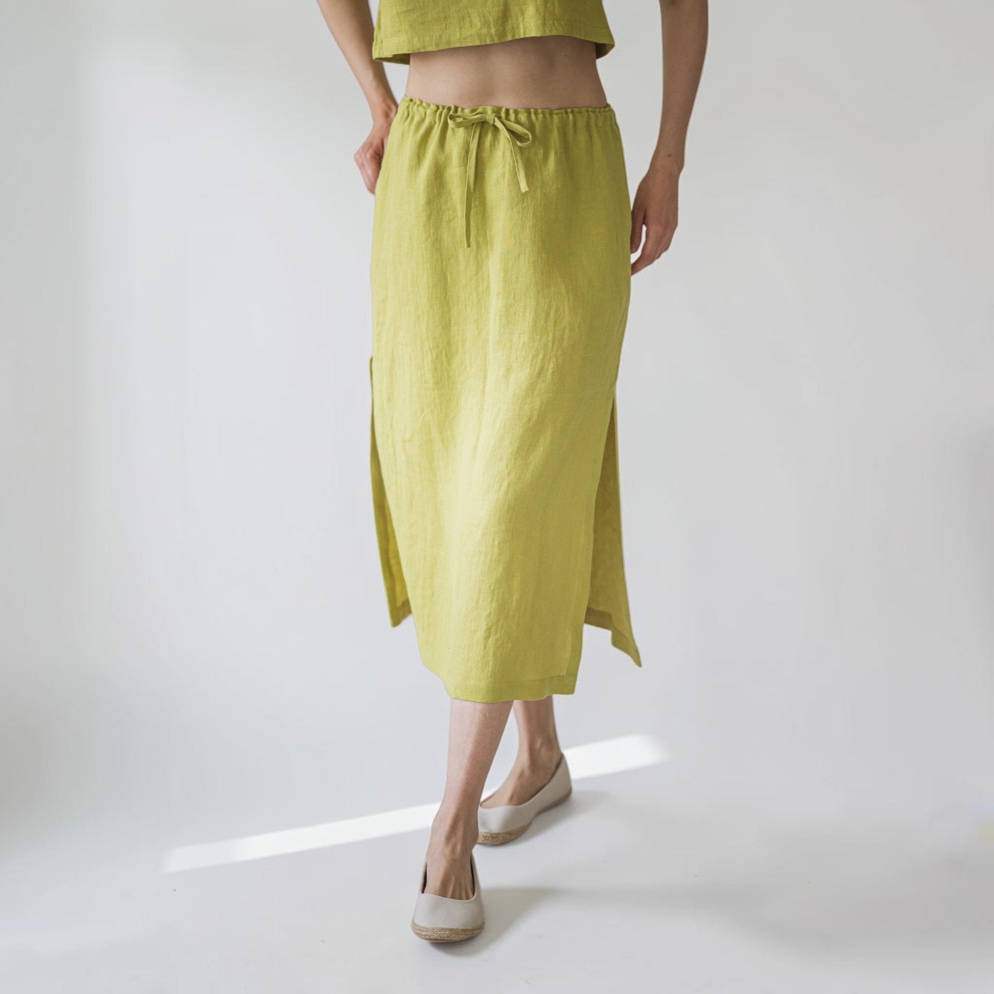 Drawstring Linen Midi Skirt, Side Slit