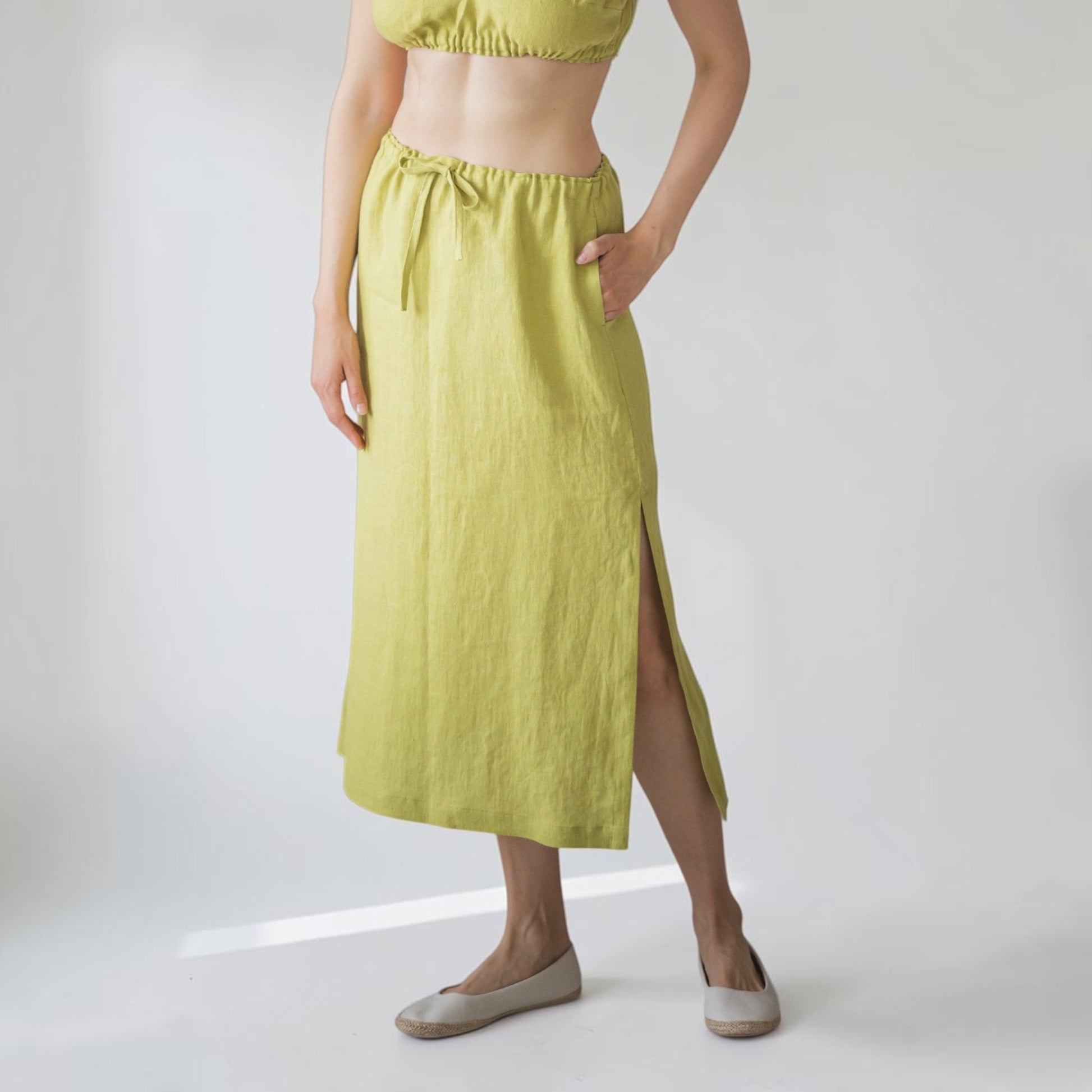Drawstring Linen Midi Skirt, Side Slit