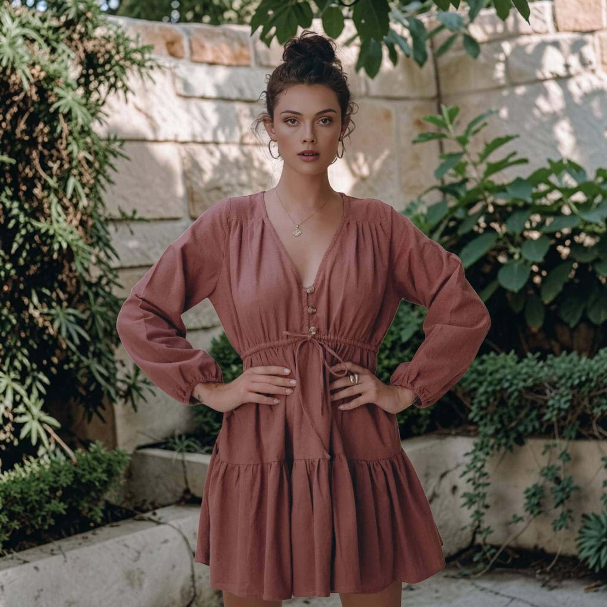 Drawstring Linen Mini Dress, Long Bishop Sleeve