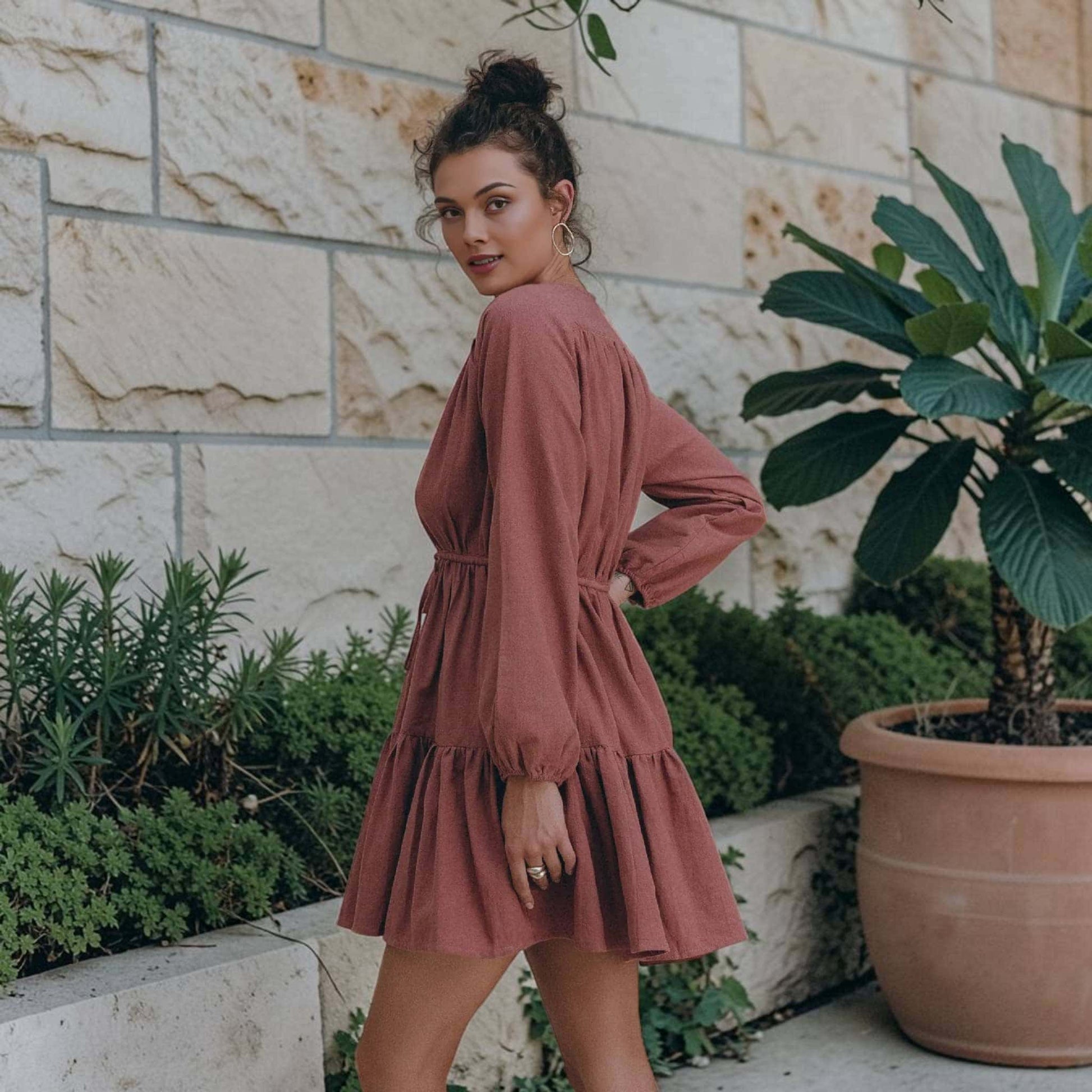 Drawstring Linen Mini Dress, Long Bishop Sleeve
