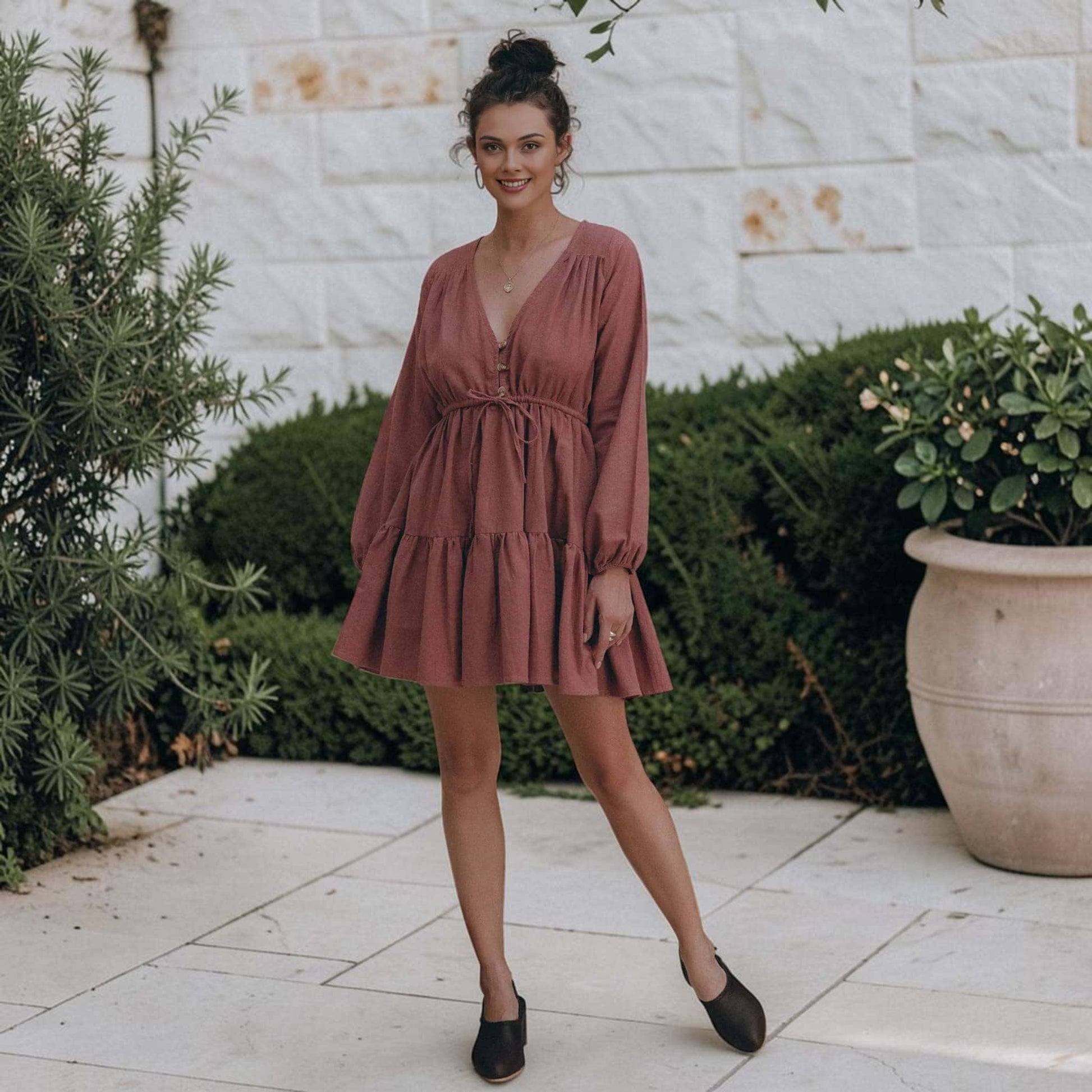 Drawstring Linen Mini Dress, Long Bishop Sleeve