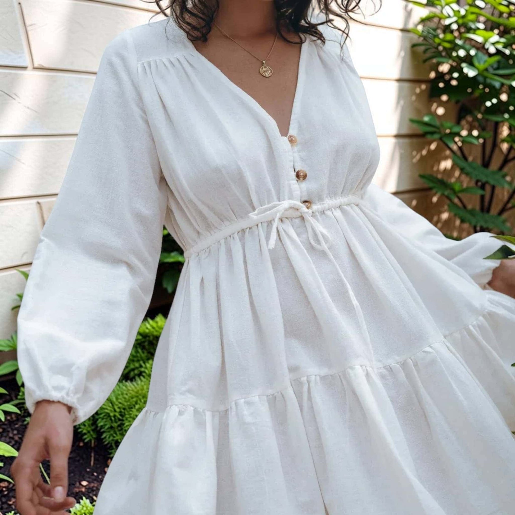Drawstring Linen Mini Dress, Long Bishop Sleeve