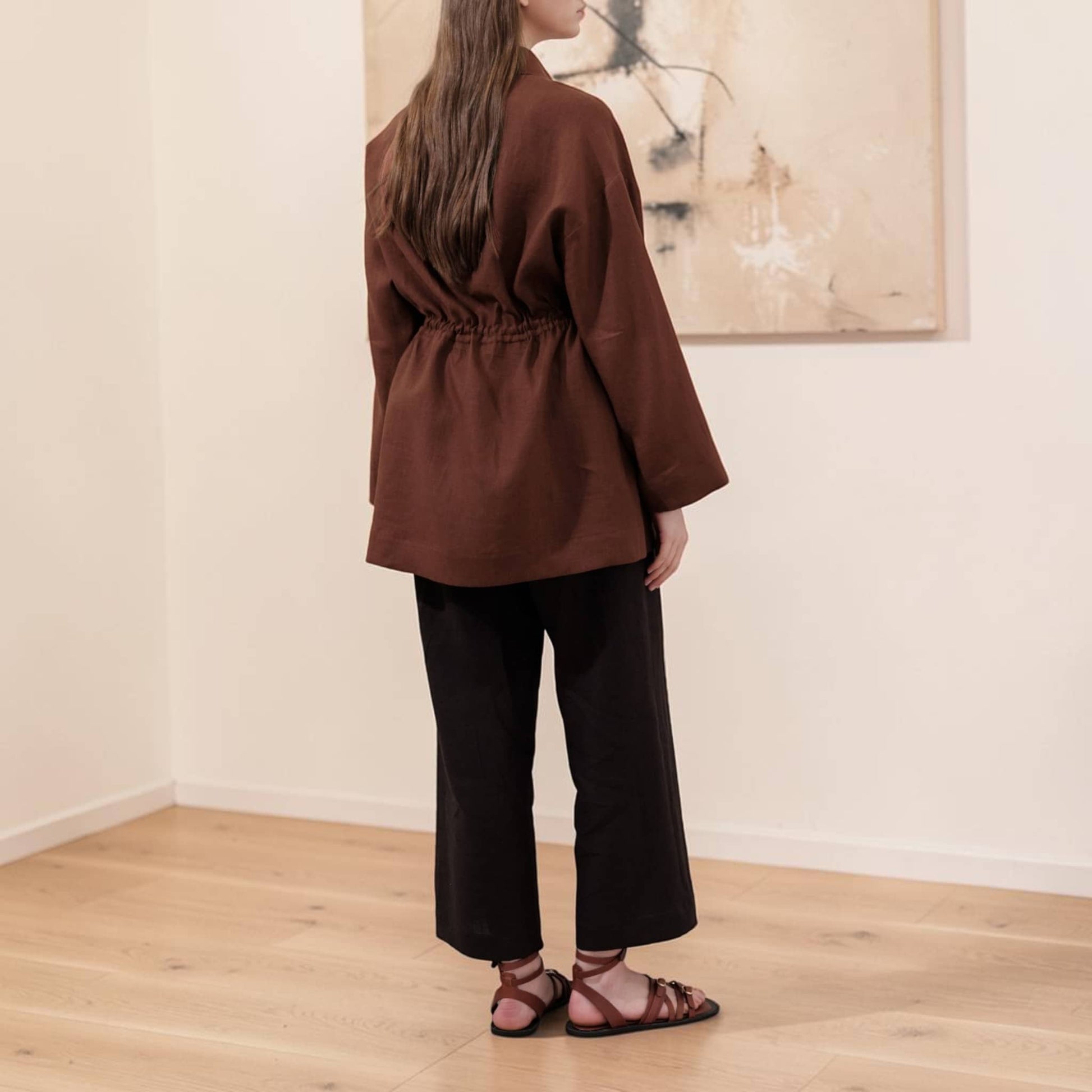 Drawstring Waist Linen Shirt, Long Sleeve