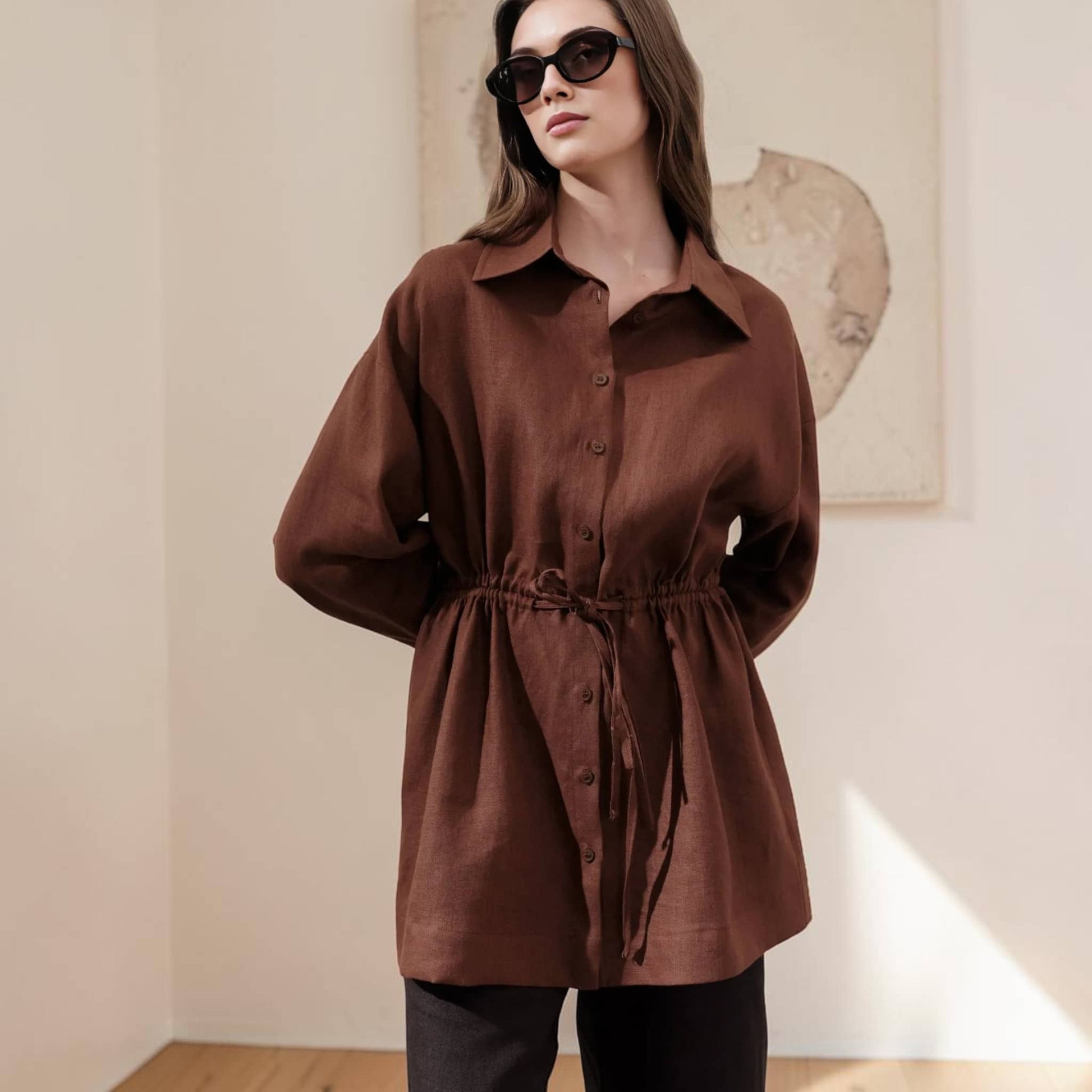 Drawstring Waist Linen Shirt, Long Sleeve