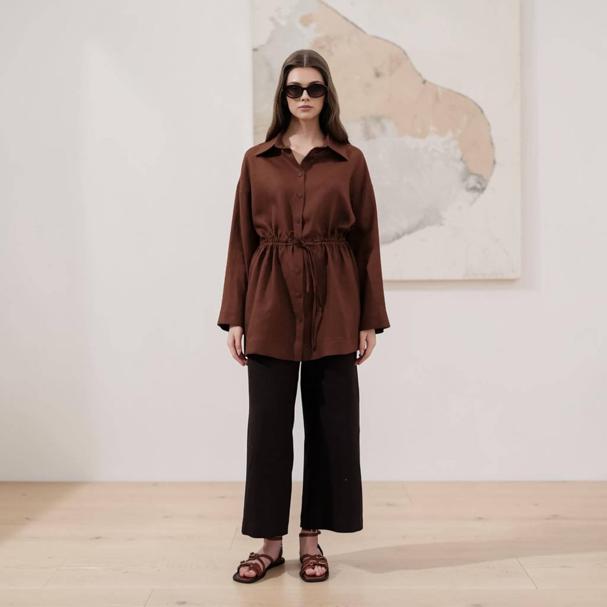 Drawstring Waist Linen Shirt, Long Sleeve