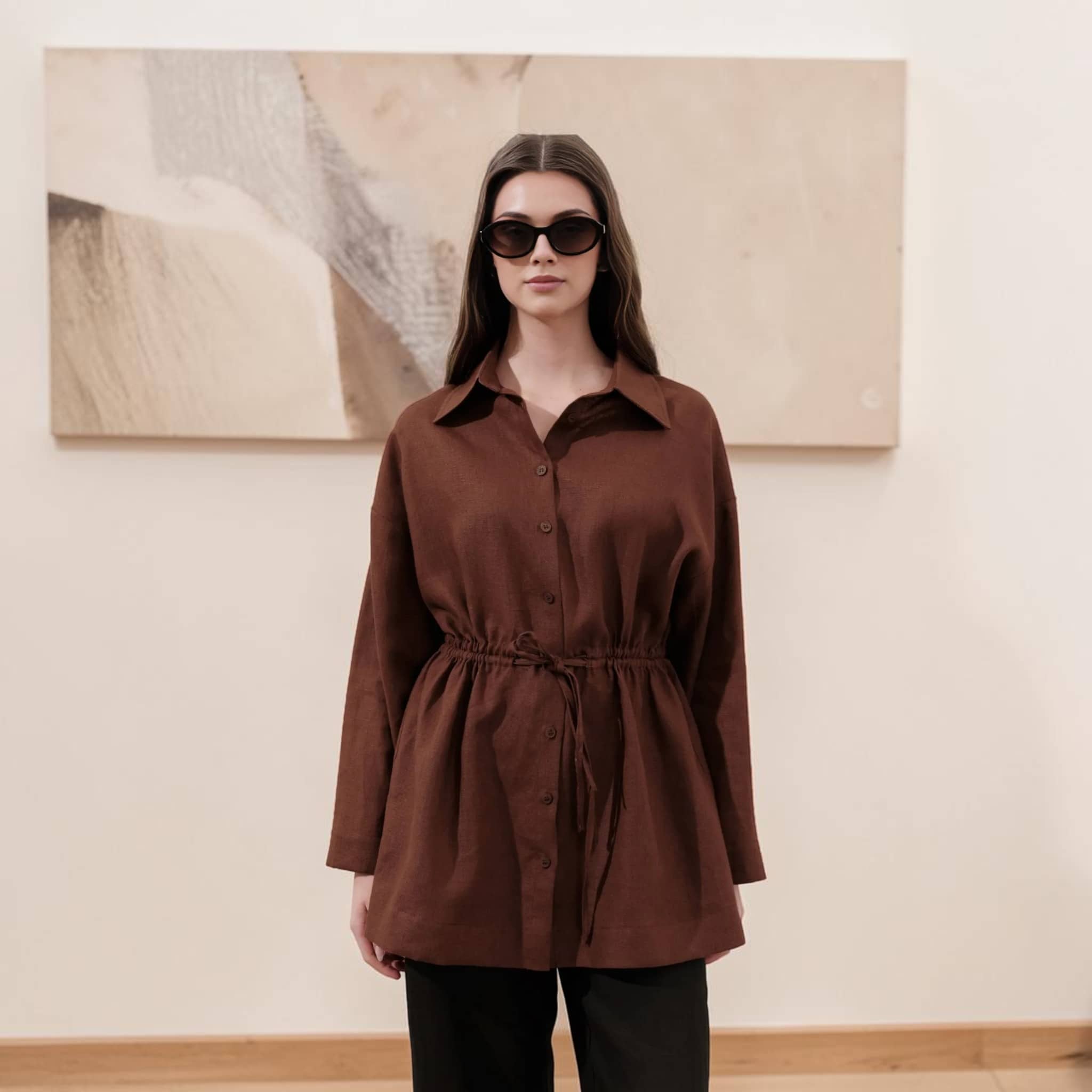 Drawstring Waist Linen Shirt, Long Sleeve