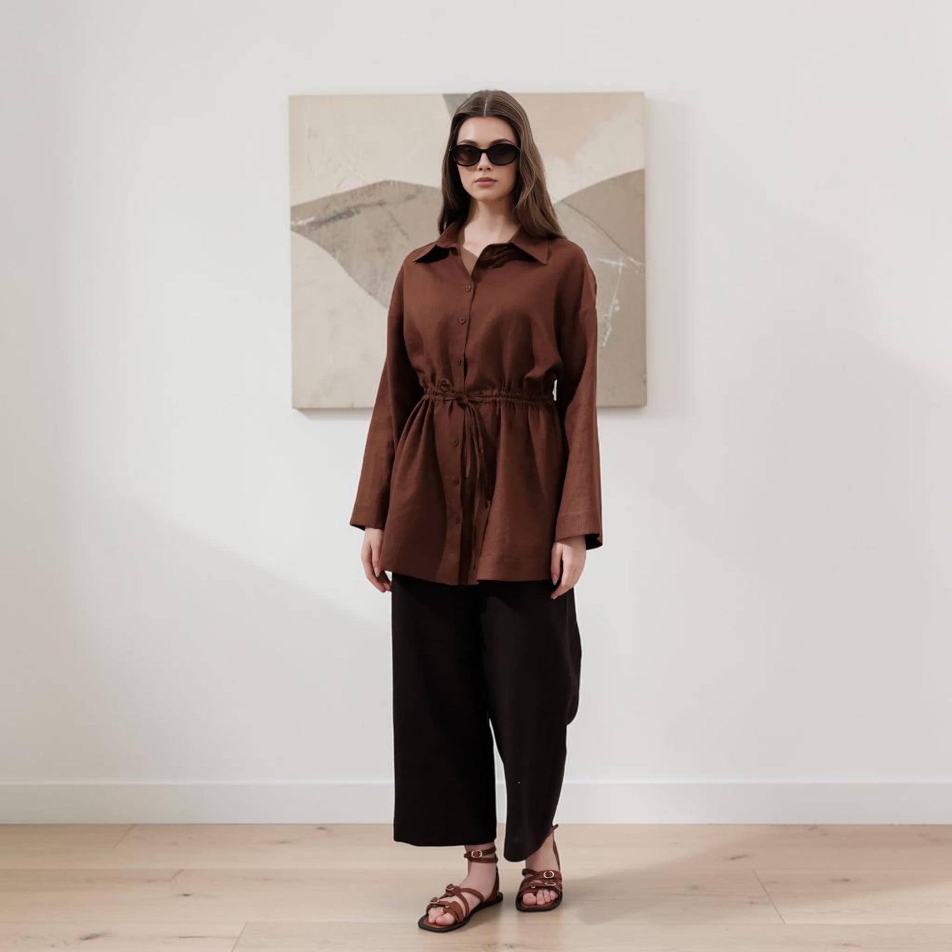 Drawstring Waist Linen Shirt, Long Sleeve