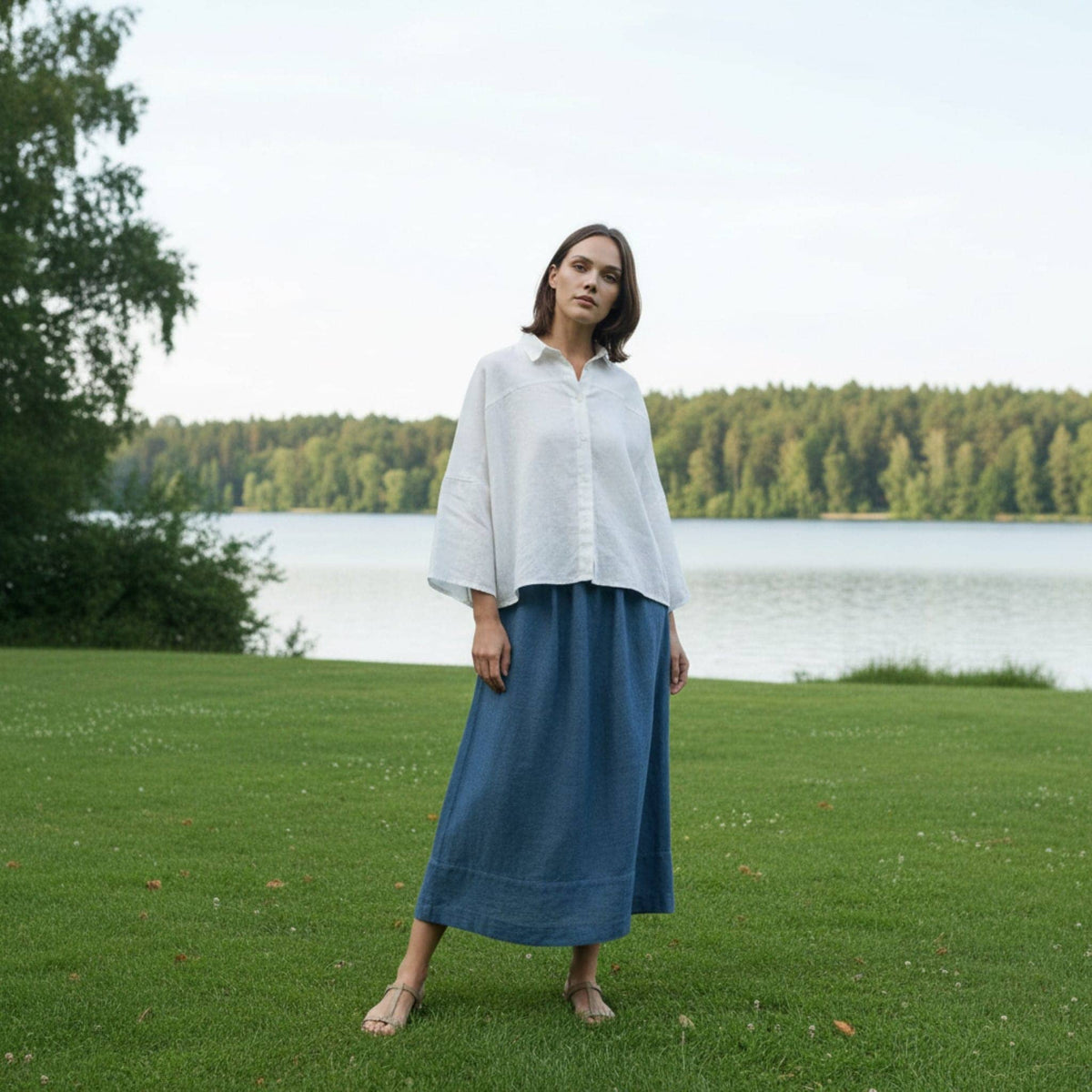 Drop Shoulder Linen Shirt, Gathered Back Yoke