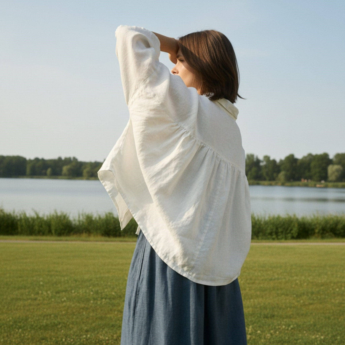Drop Shoulder Linen Shirt, Gathered Back Yoke