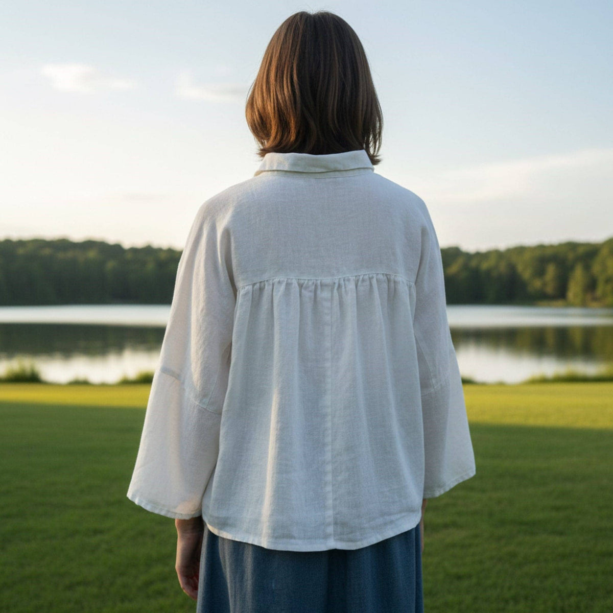 Drop Shoulder Linen Shirt, Gathered Back Yoke