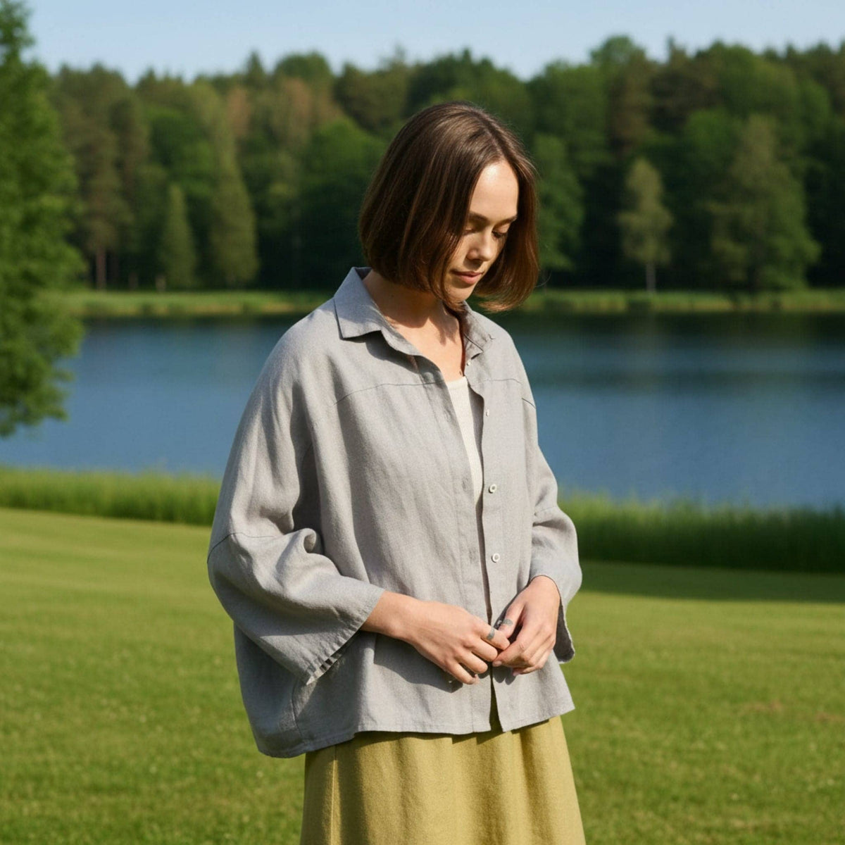 Drop Shoulder Linen Shirt, Gathered Back Yoke
