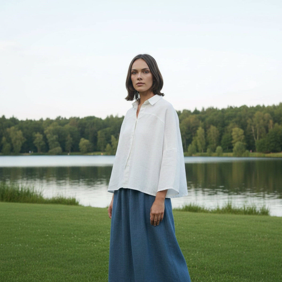 Drop Shoulder Linen Shirt, Gathered Back Yoke