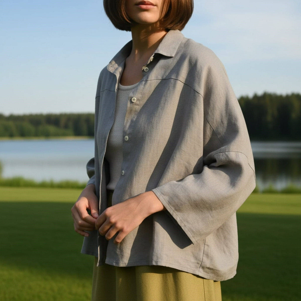 Drop Shoulder Linen Shirt, Gathered Back Yoke