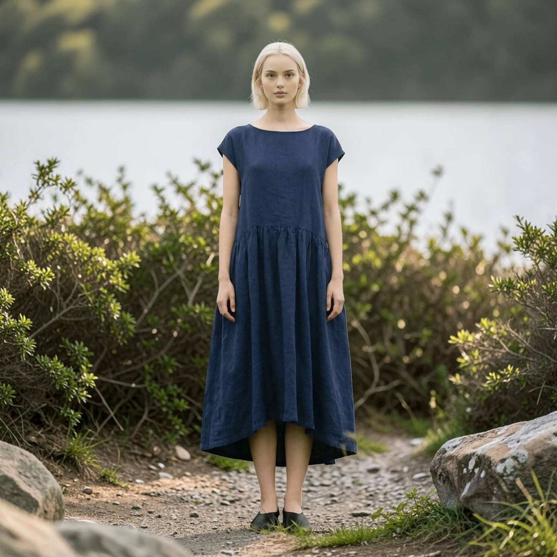 Drop Waist Linen Midi Dress, Cap Sleeve High-Low Hem