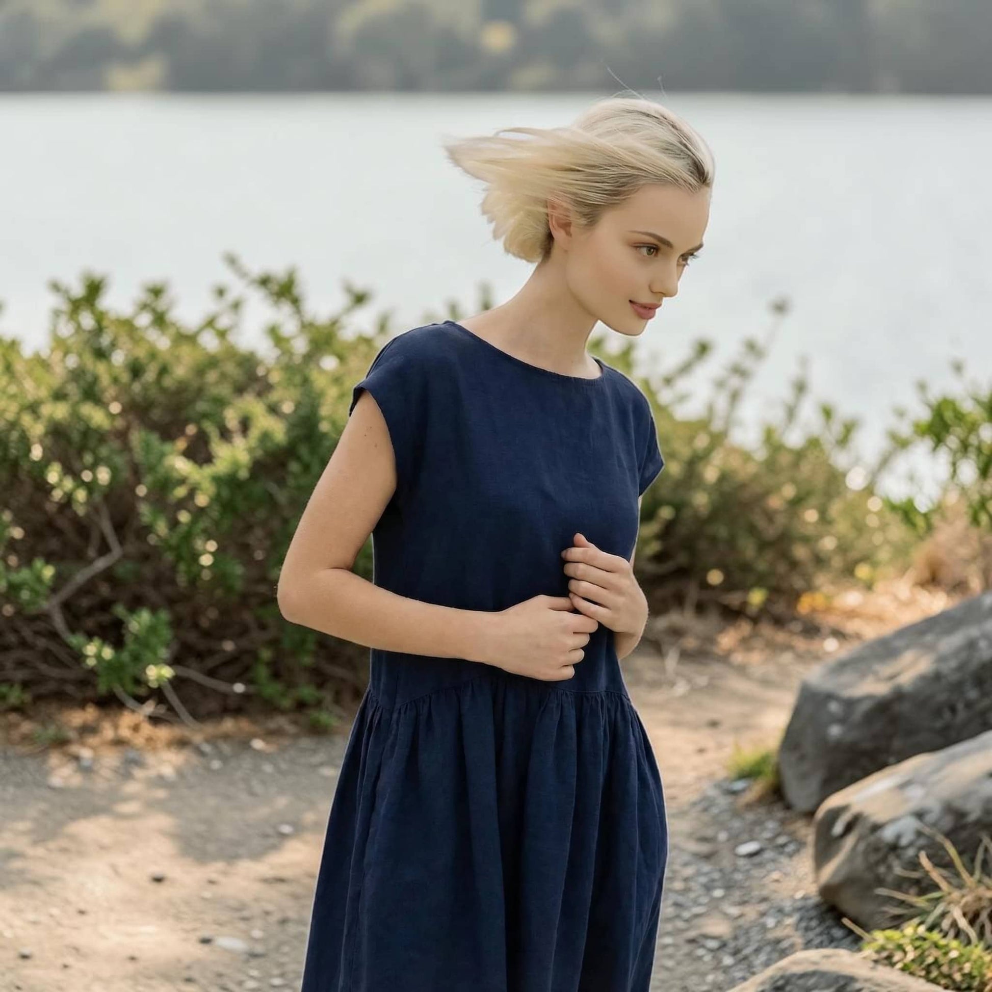Drop Waist Linen Midi Dress, Cap Sleeve High-Low Hem