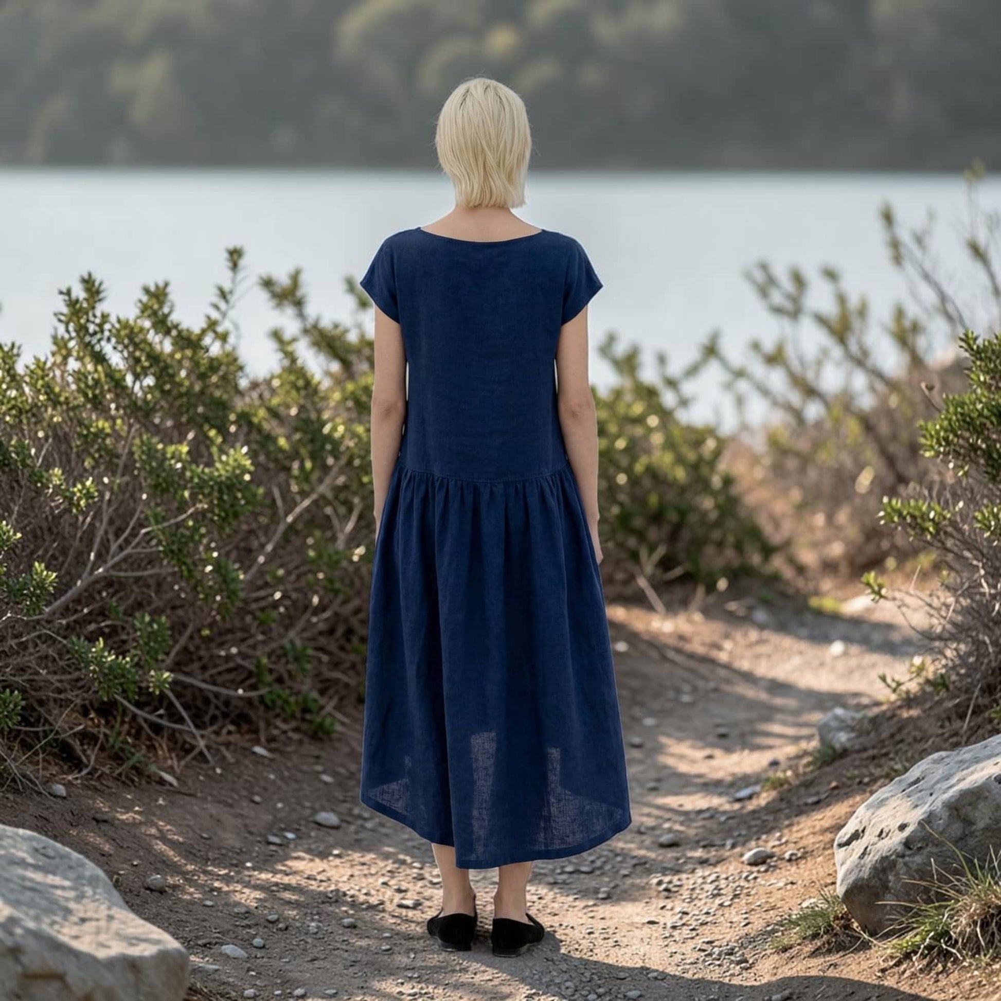 Drop Waist Linen Midi Dress, Cap Sleeve High-Low Hem