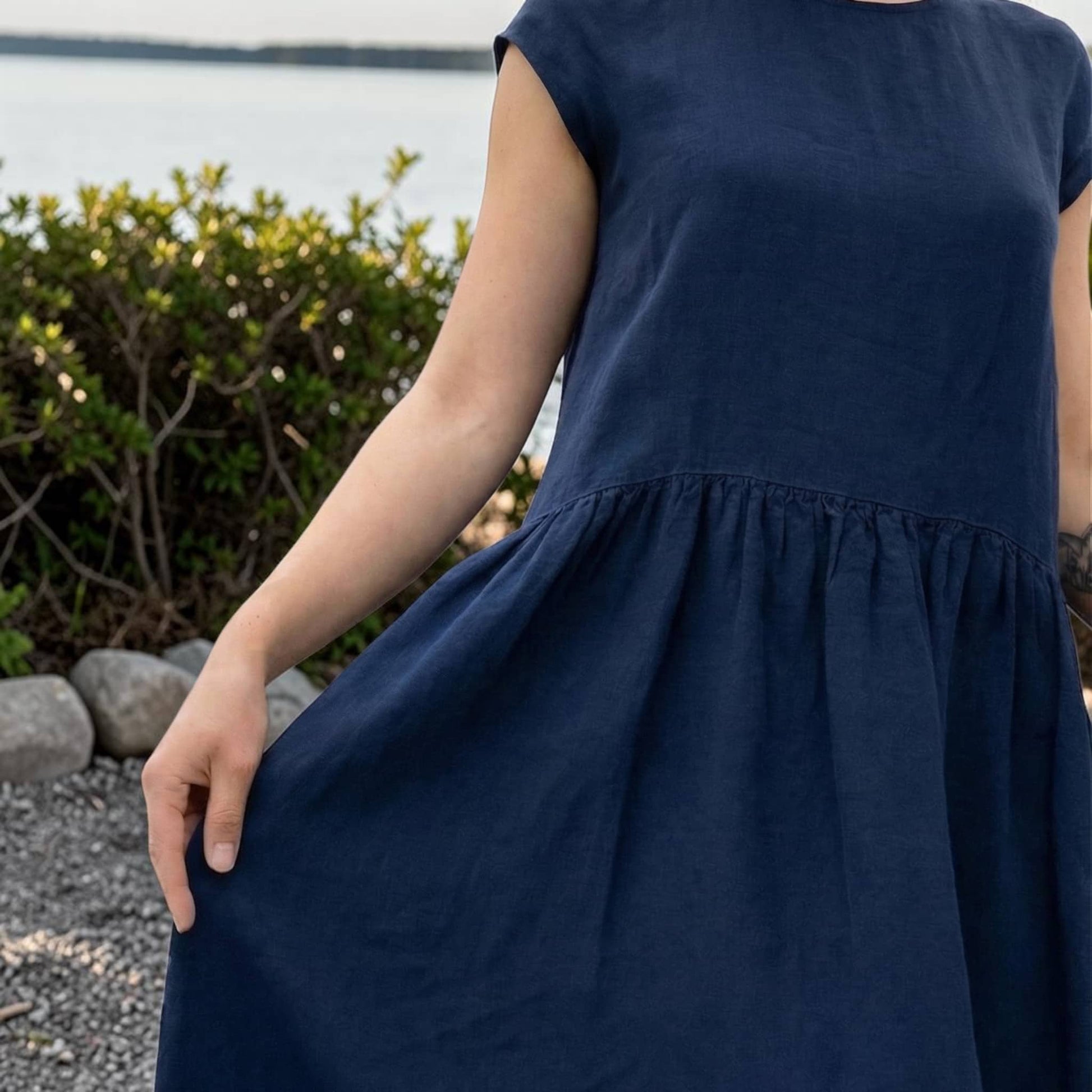 Drop Waist Linen Midi Dress, Cap Sleeve High-Low Hem