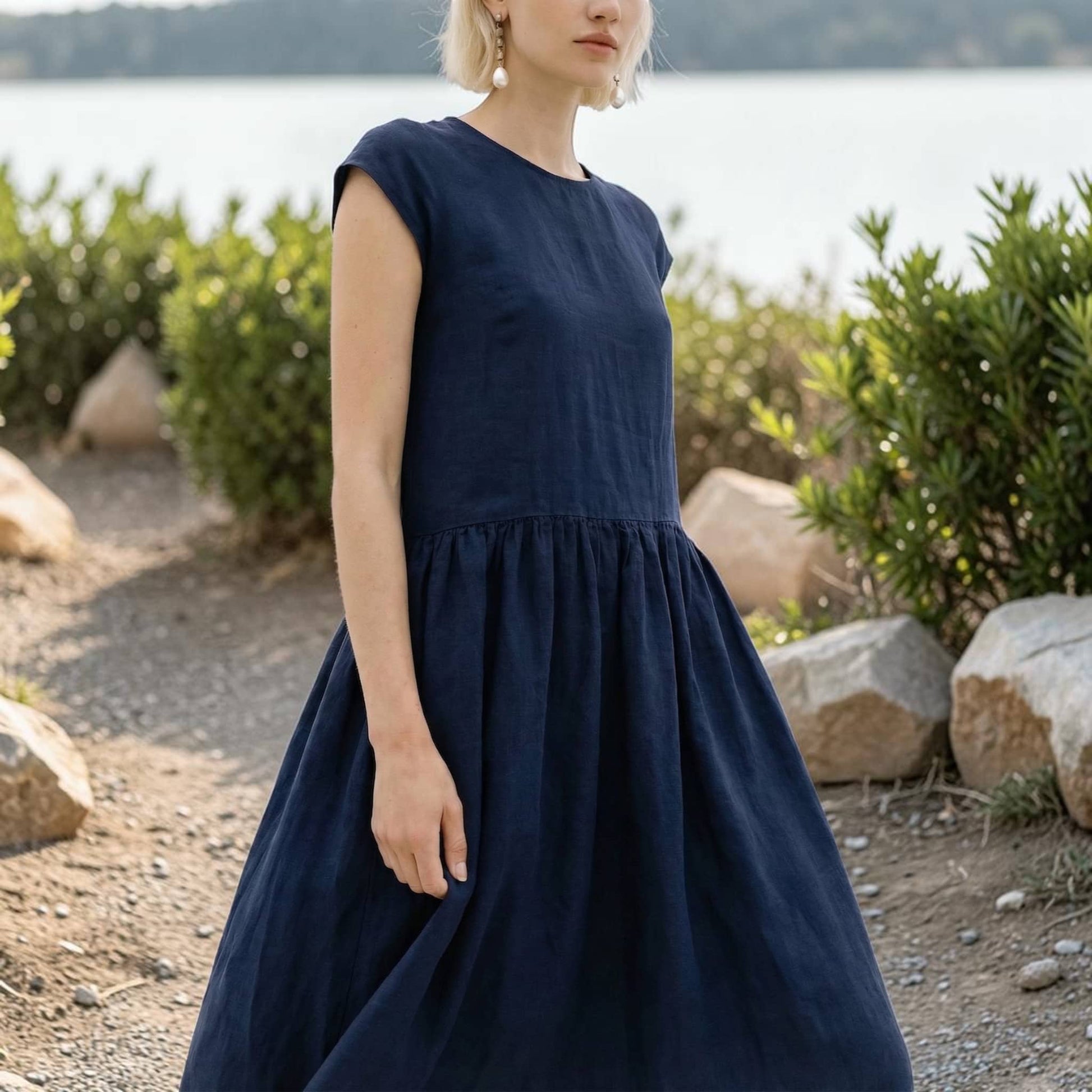 Drop Waist Linen Midi Dress, Cap Sleeve High-Low Hem