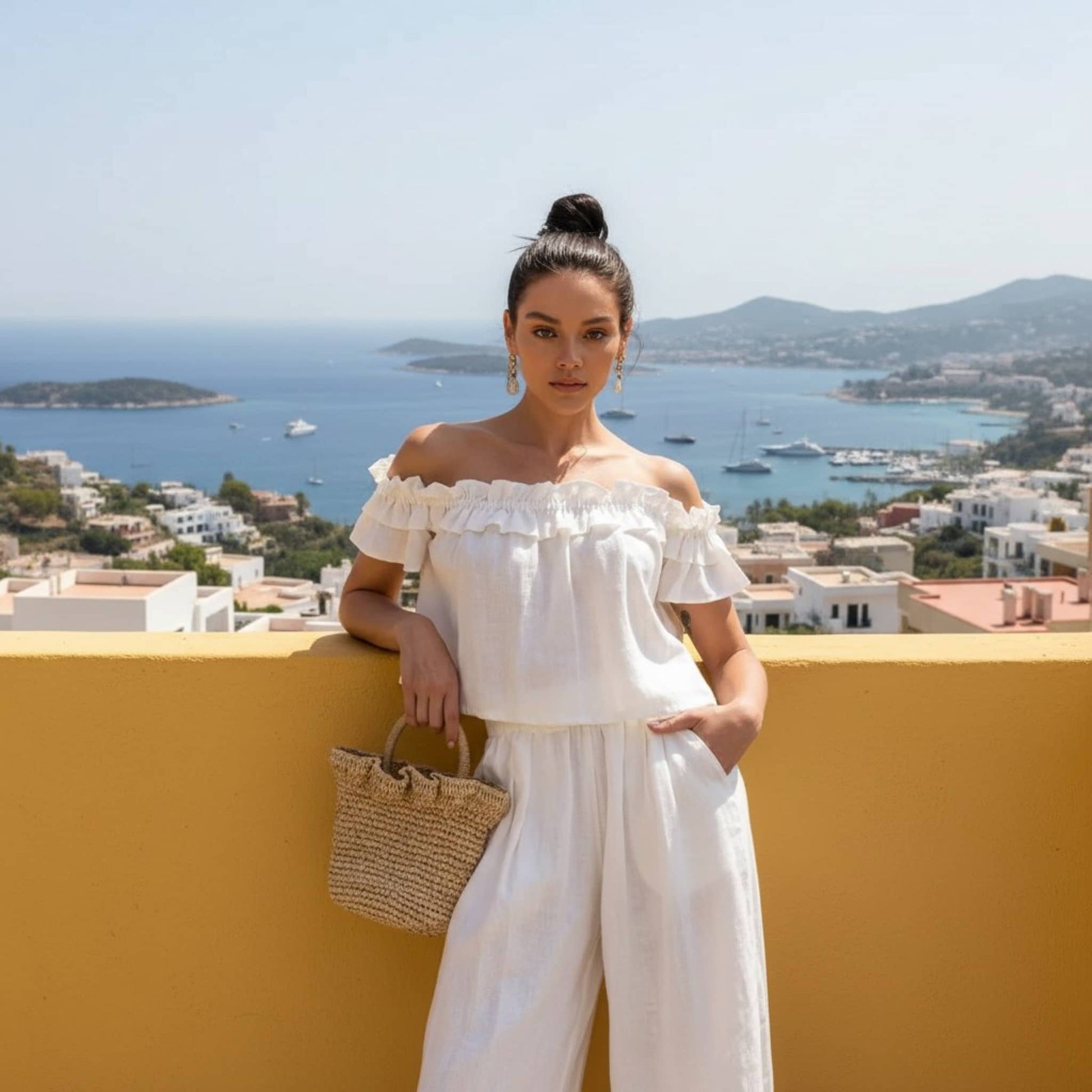 Elastic Waist Linen Pants, High Rise Wide Leg Pants