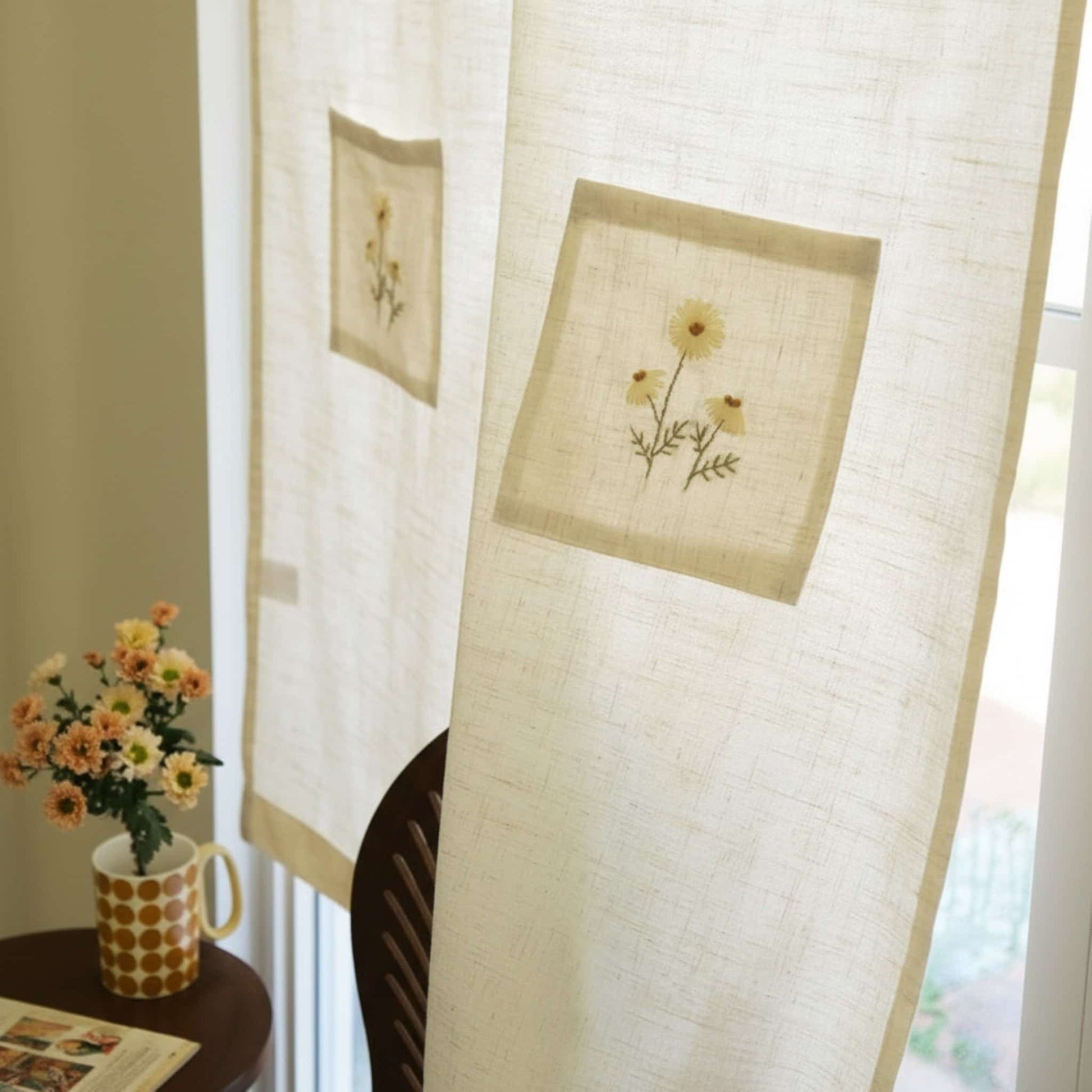 Embroidered Linen Noren Curtain, Japanese Noren Curtain