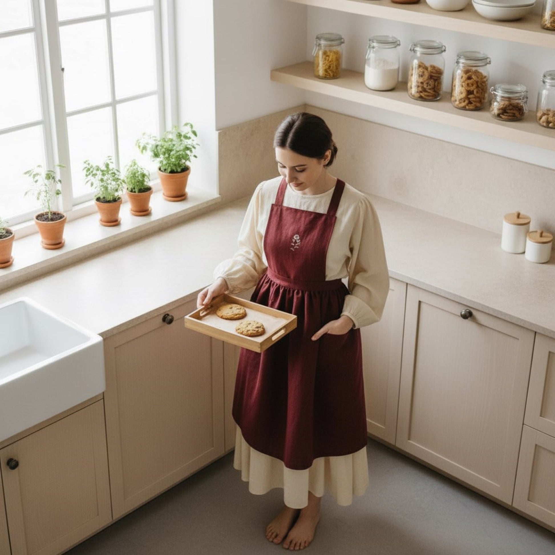 Embroidery Linen Apron, Cross Back Linen Apron
