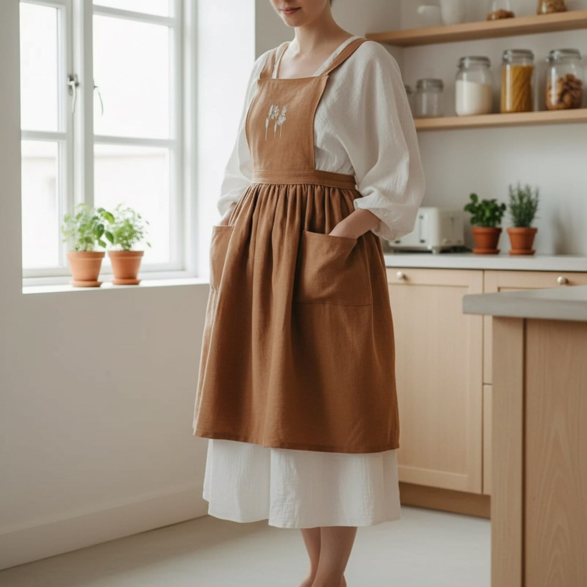 Embroidery Linen Apron, Cross Back Linen Apron