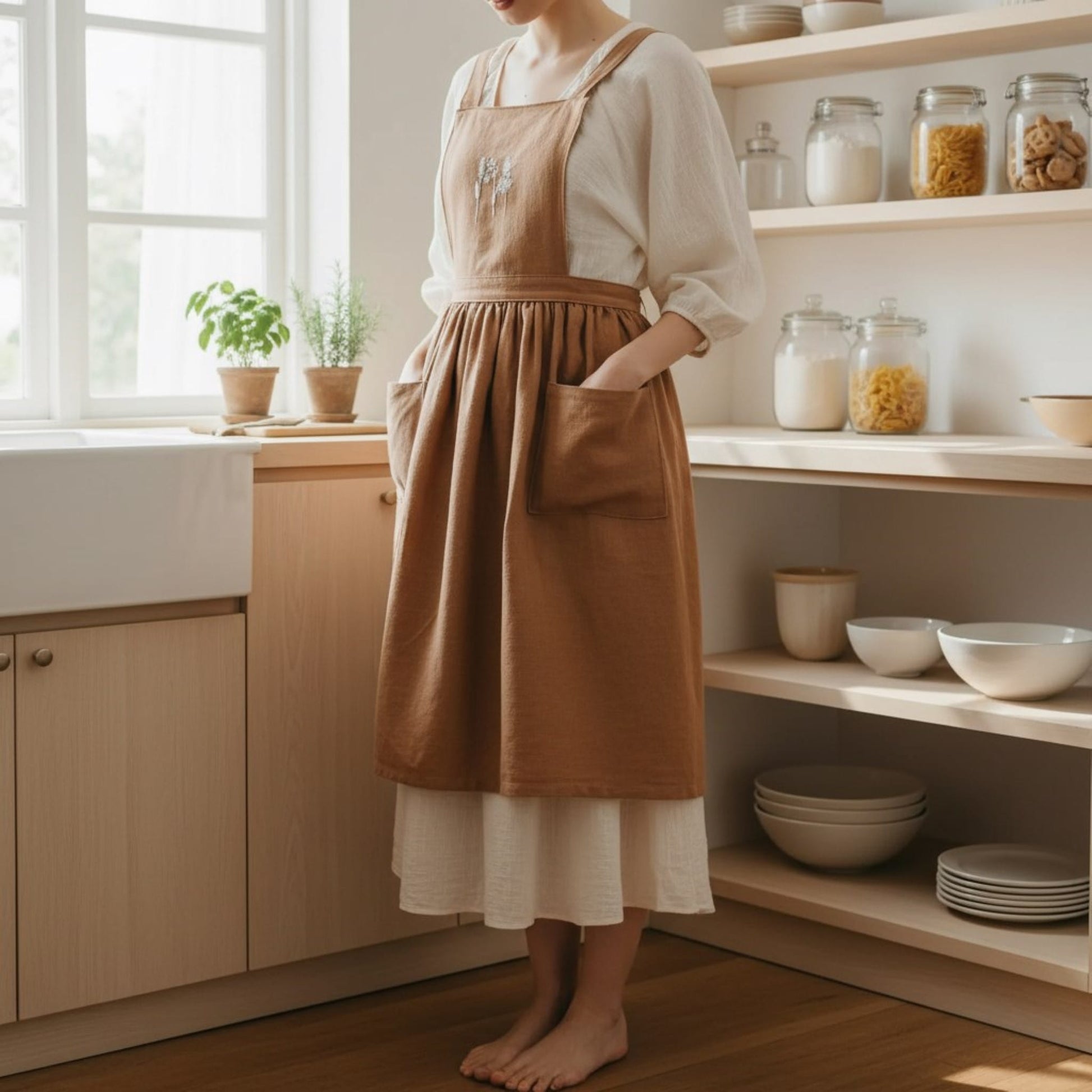 Embroidery Linen Apron, Cross Back Linen Apron