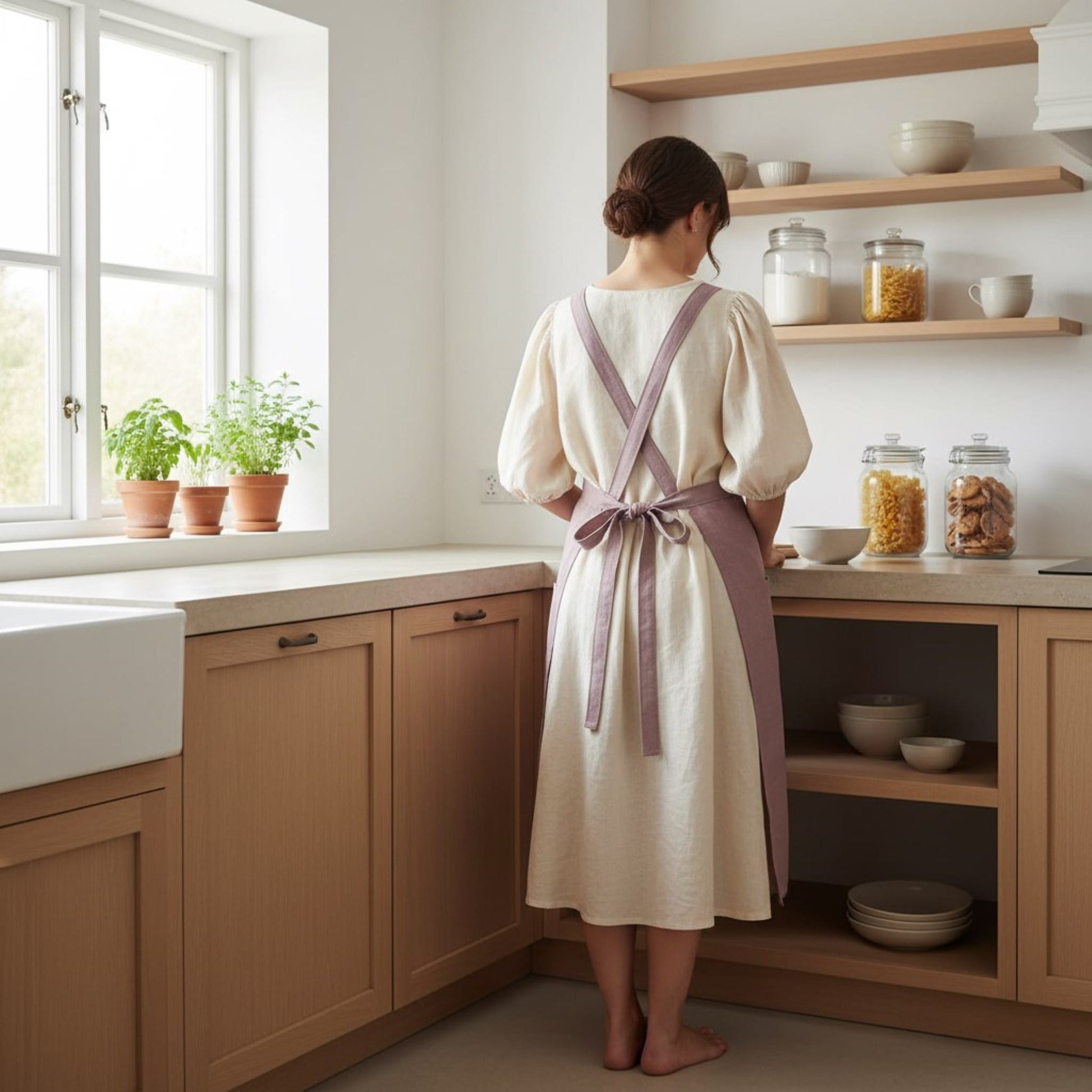 Embroidery Linen Apron, Cross Back Linen Apron