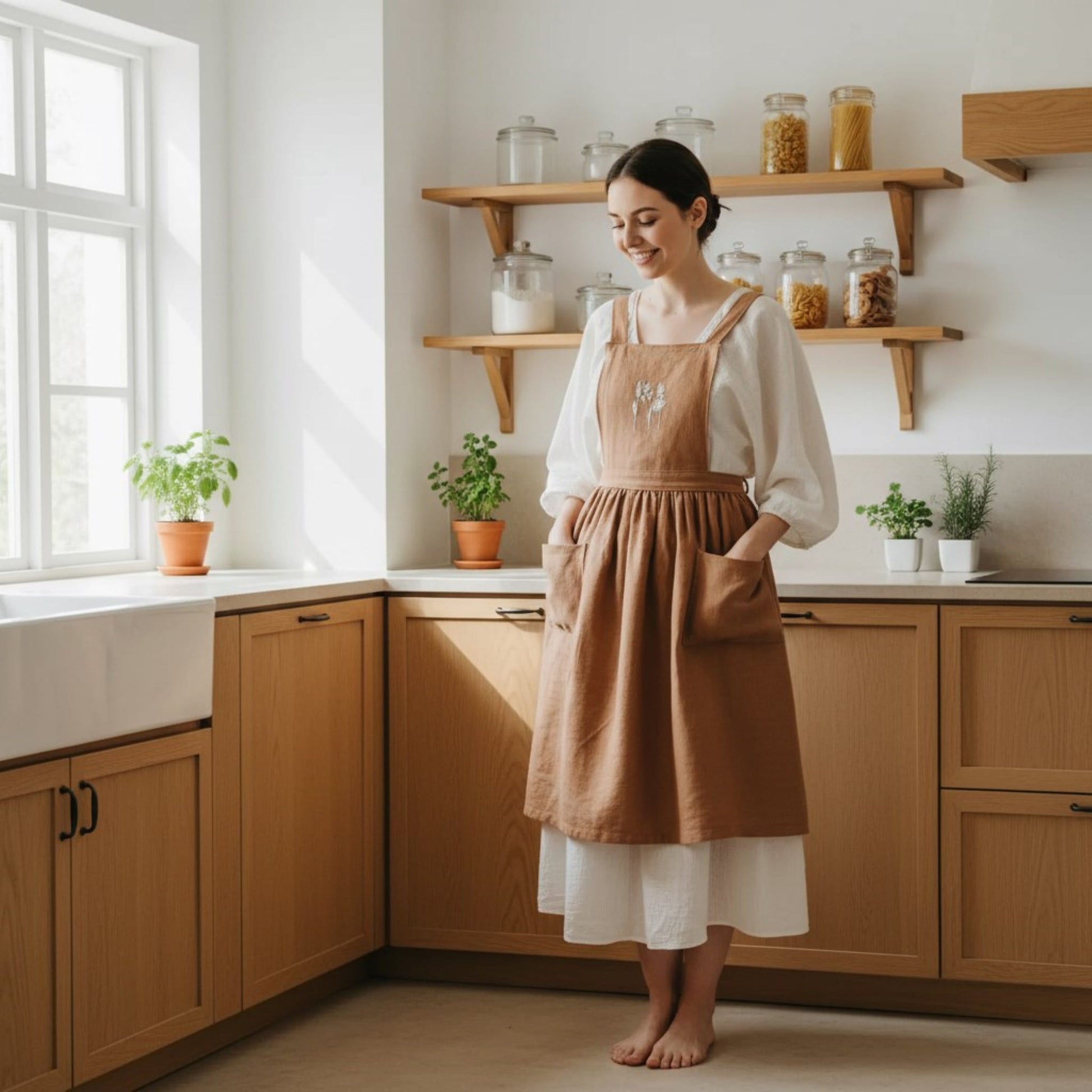 Embroidery Linen Apron, Cross Back Linen Apron