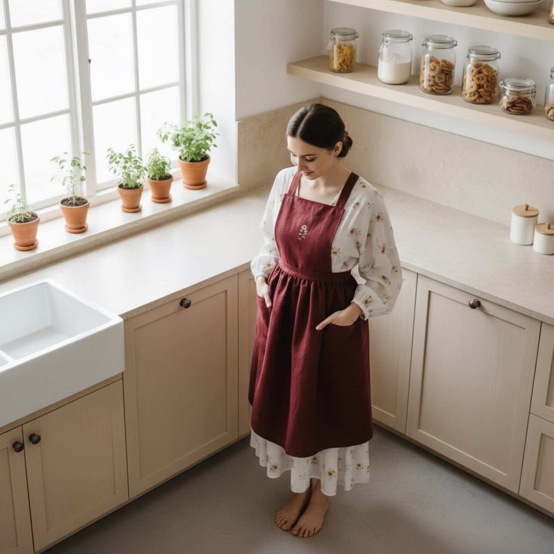Embroidery Linen Apron, Cross Back Linen Apron