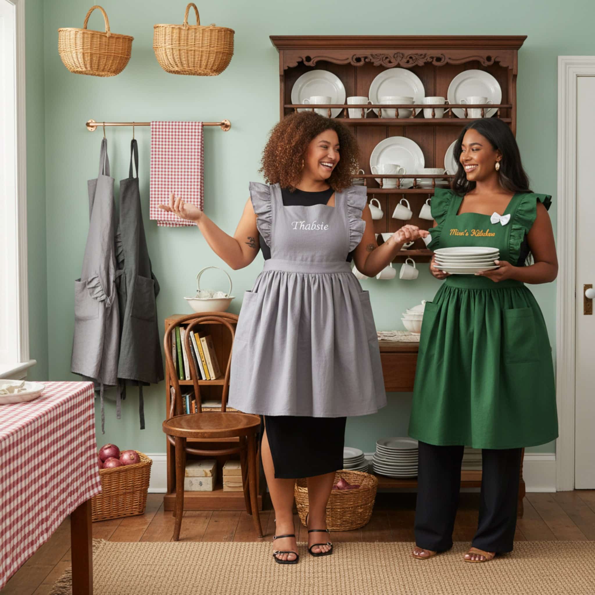 Embroidery Linen Apron, Ruffle Linen Apron