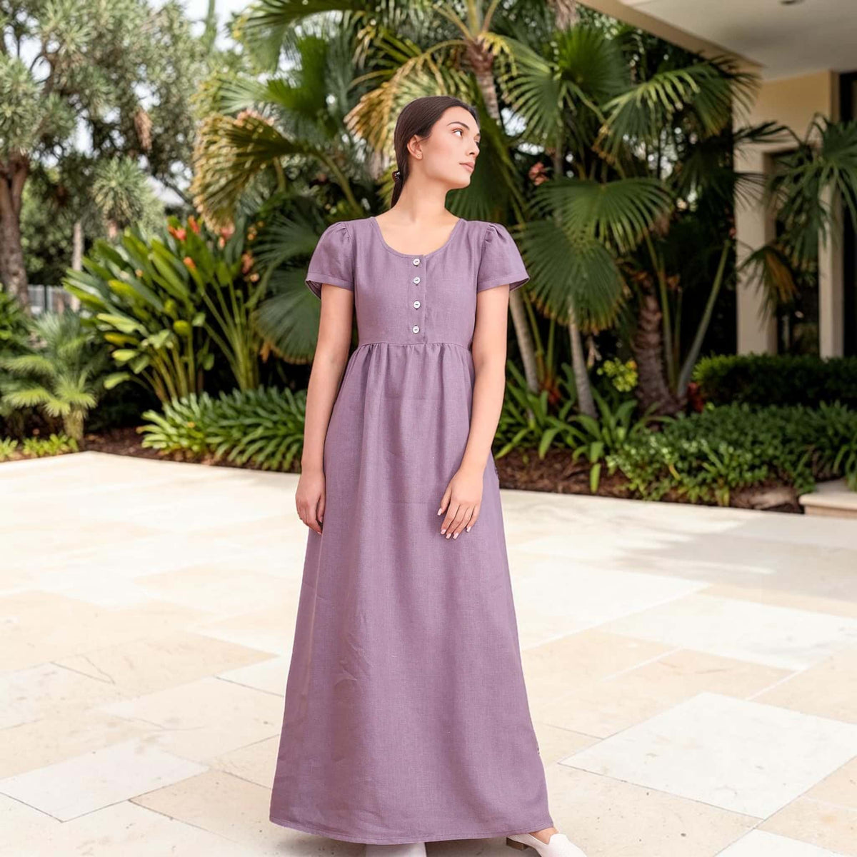 Empire Waist Linen Maxi Dress, Short Puff Sleeves
