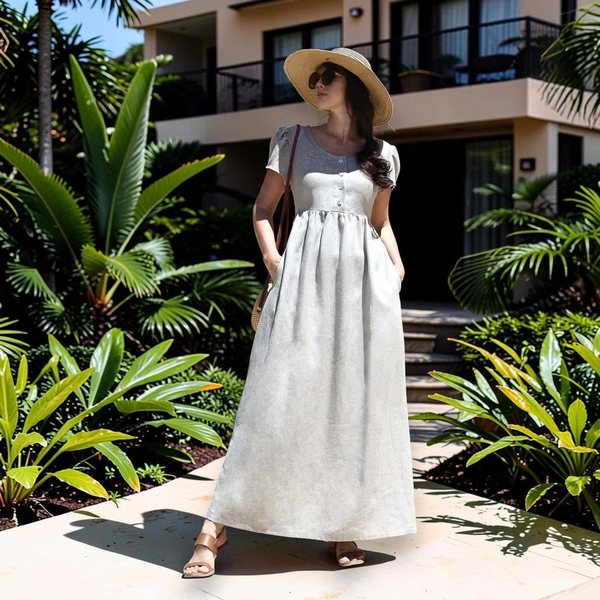 Empire Waist Linen Maxi Dress, Short Puff Sleeves