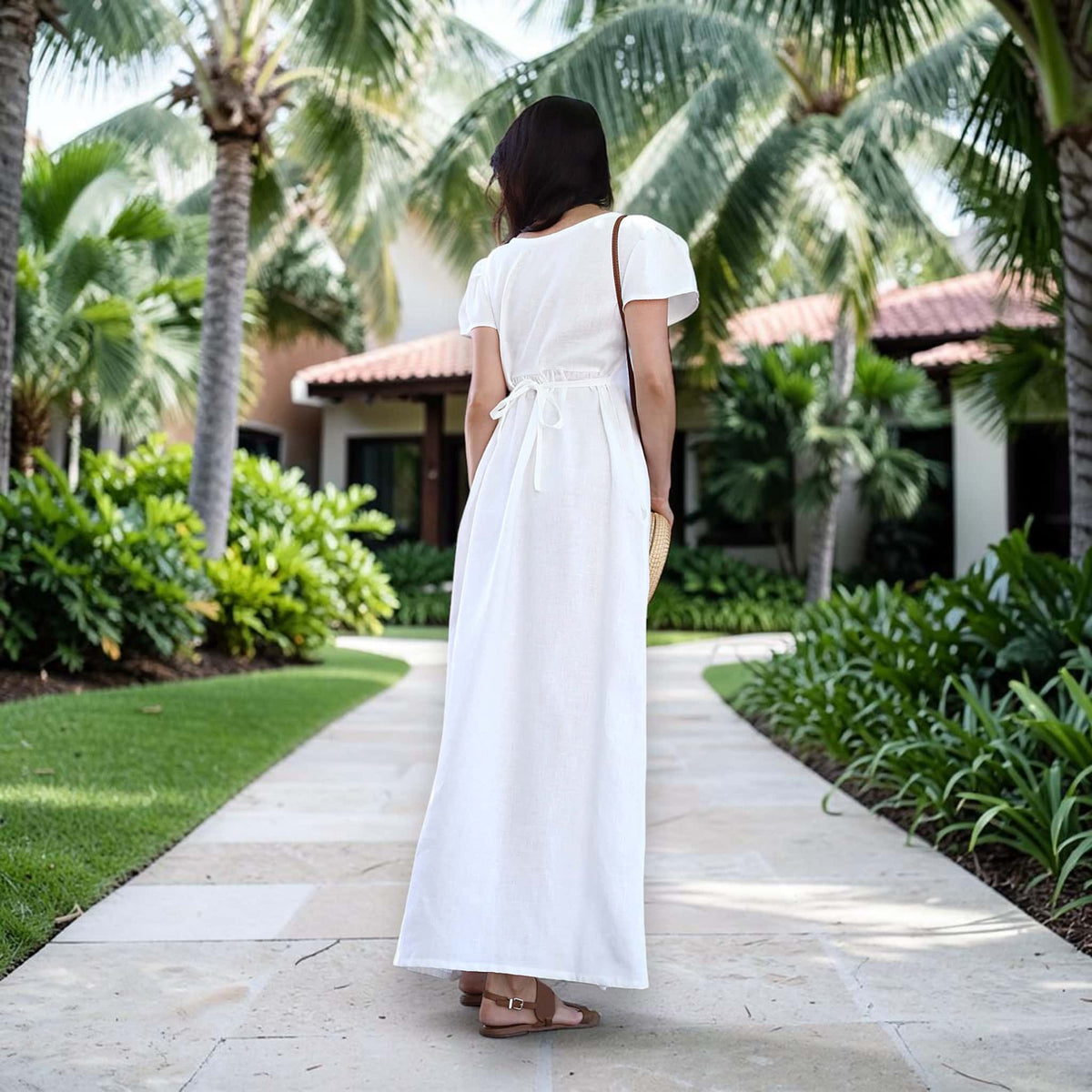 Empire Waist Linen Maxi Dress, Short Puff Sleeves