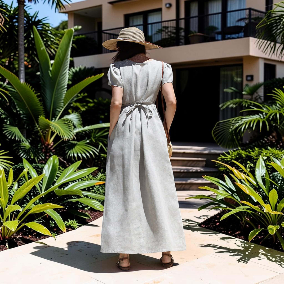 Empire Waist Linen Maxi Dress, Short Puff Sleeves