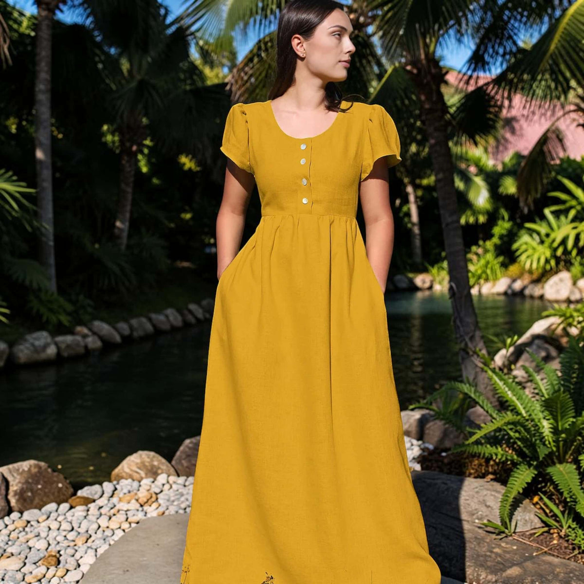Empire Waist Linen Maxi Dress, Short Puff Sleeves