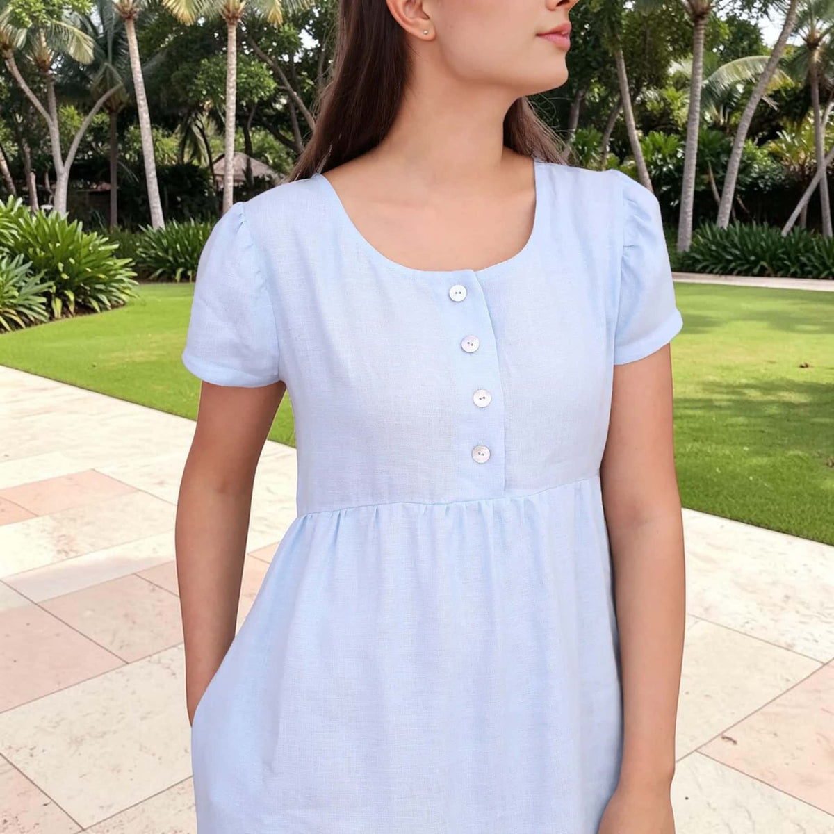 Empire Waist Linen Maxi Dress, Short Puff Sleeves